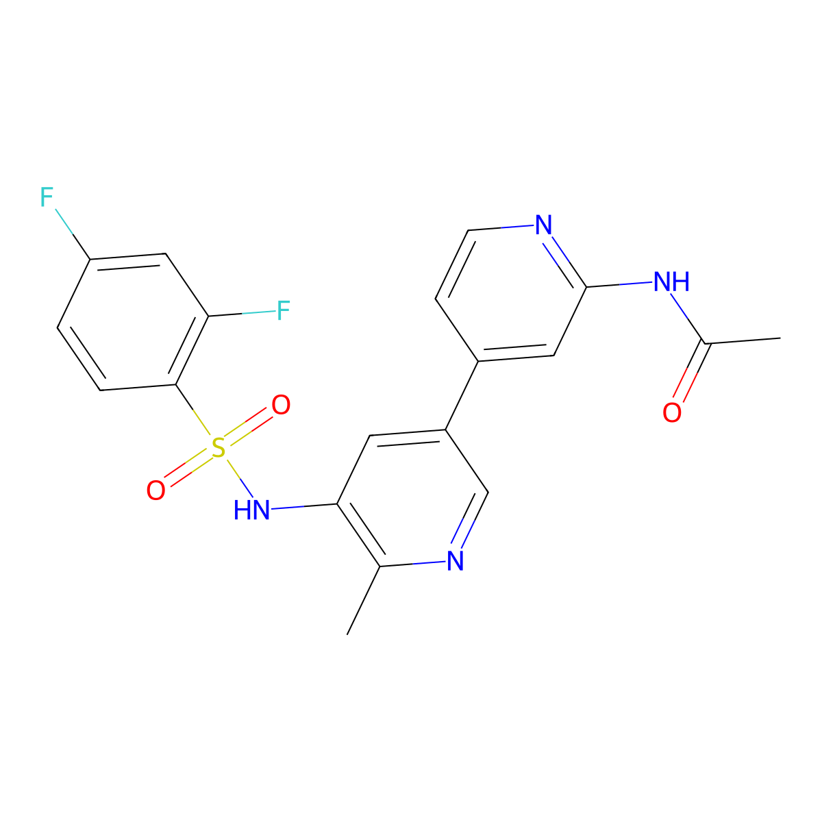 N-(5-((2,4-difluorophenyl)sulfonamido)-6-methyl-[3,4'-bipyridin]-2'-yl)acetamide molecular structure, CAS 1801900-55-9