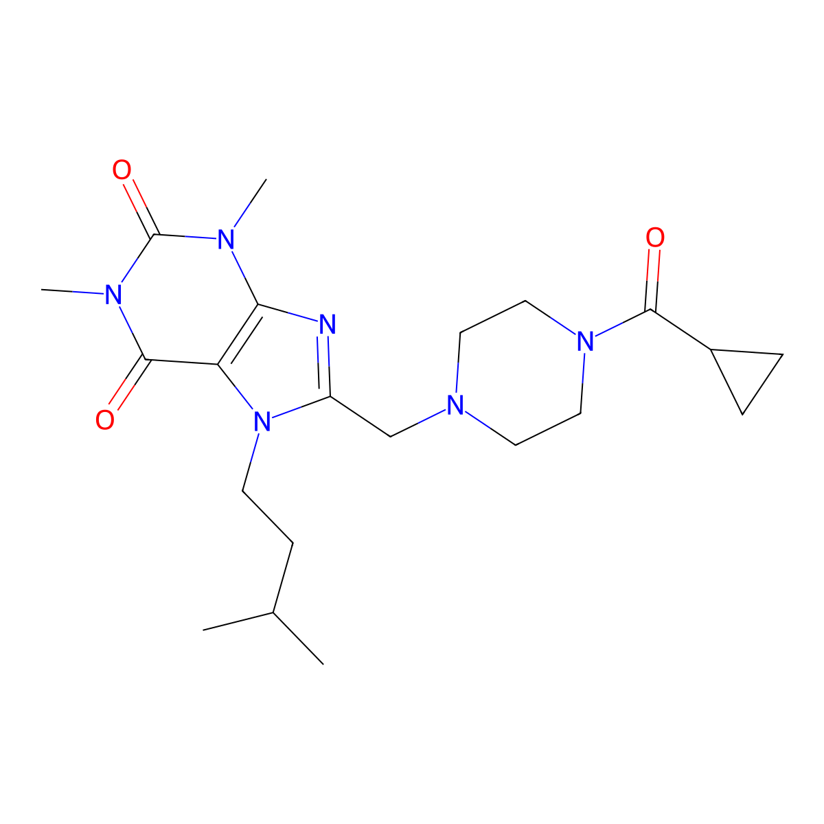 8-((4-(cyclopropanecarbonyl)piperazin-1-yl)methyl)-7-isopentyl-1,3-dimethyl-1H-purine-2,6(3H,7H)-dione molecular structure, CAS 1802088-50-1