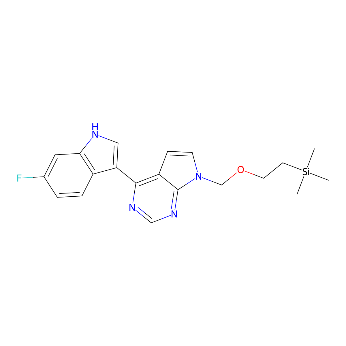 6-fluoro-3-(7-{[2-(trimethylsilyl)ethoxy]methyl}-7H-pyrrolo[2,3-d]pyrimidin-4-yl)-1H-indole molecular structure, CAS 1802154-20-6