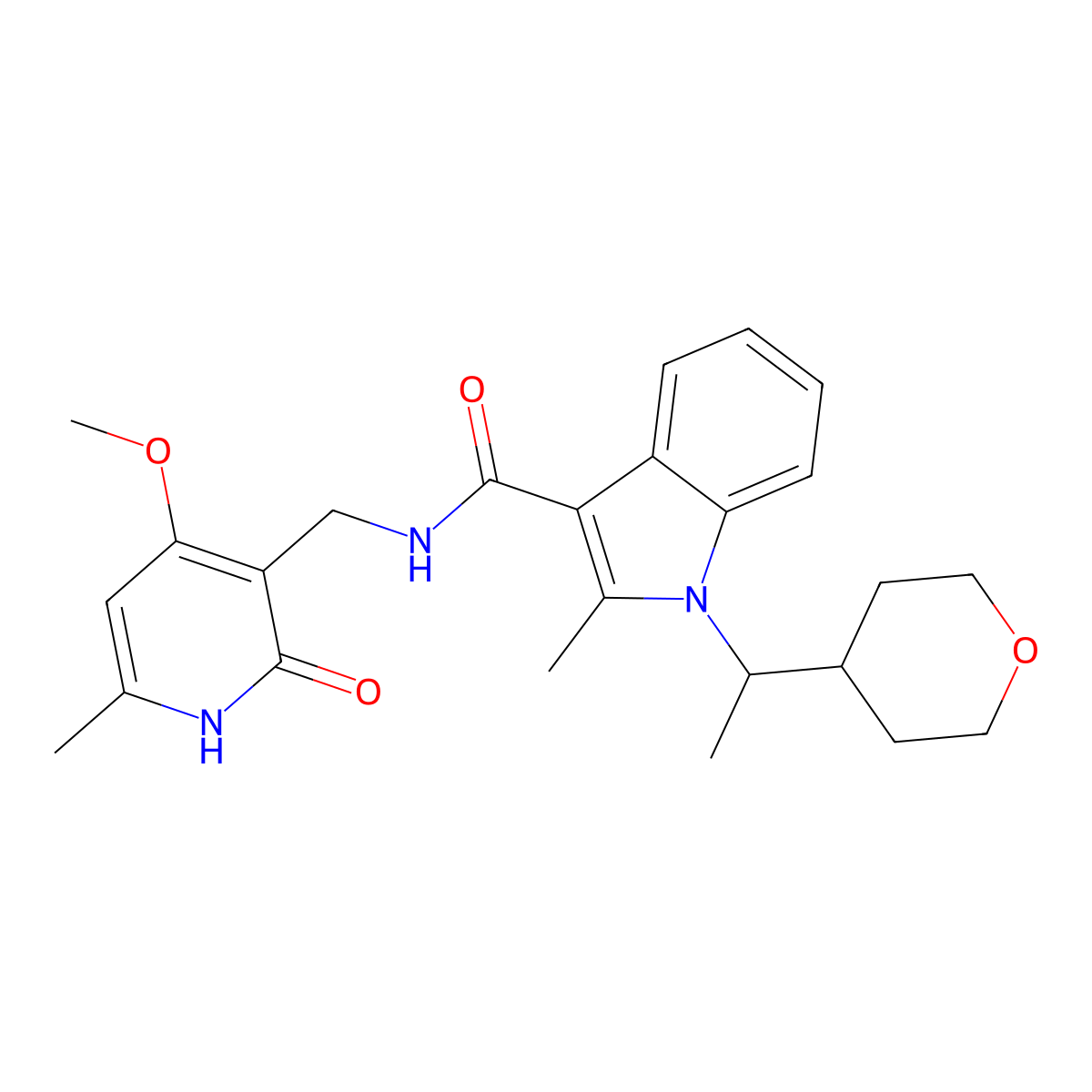N-[(4-methoxy-6-methyl-2-oxo-1H-pyridin-3-yl)methyl]-2-methyl-1-[(1R)-1-(oxan-4-yl)ethyl]indole-3-carboxamide molecular structure, CAS 1802175-06-9