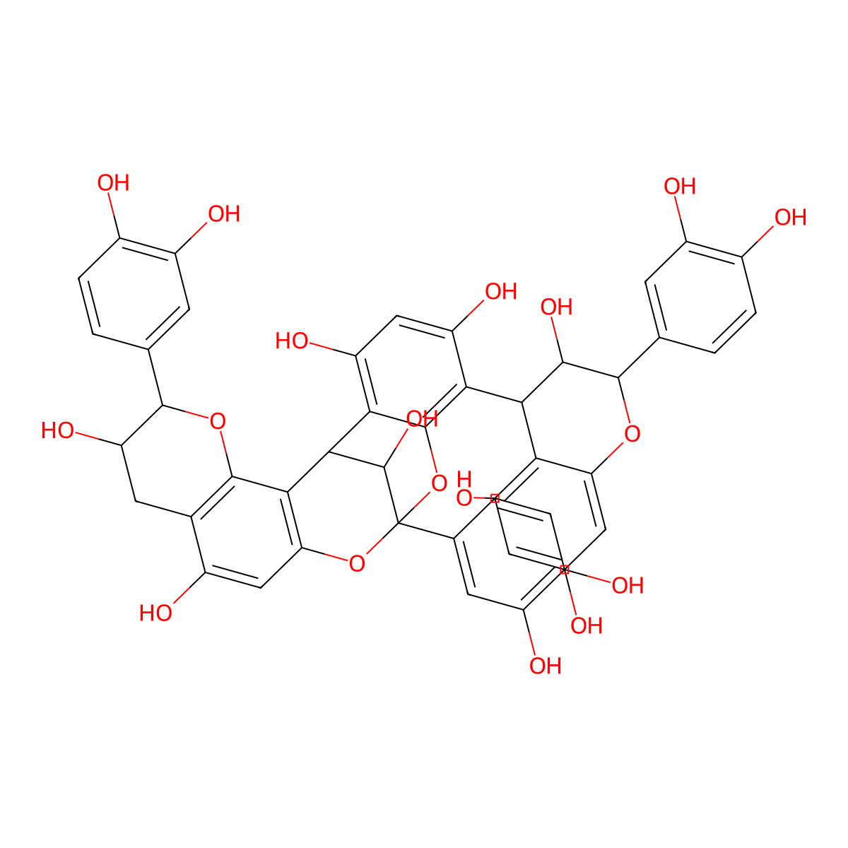 (2R,3S,8R,14R,15R)-2,8-bis(3,4-dihydroxyphenyl)-10-((2S,3S,4R)-2-(3,4-dihydroxyphenyl)-3,5,7-trihydroxychroman-4-yl)-3,4-dihydro-2H,14H-8,14-methanobenzo[7,8][1,3]dioxocino[4,5-h]chromene-3,5,11,13,15-pentaol molecular structure, CAS 1802175-67-2