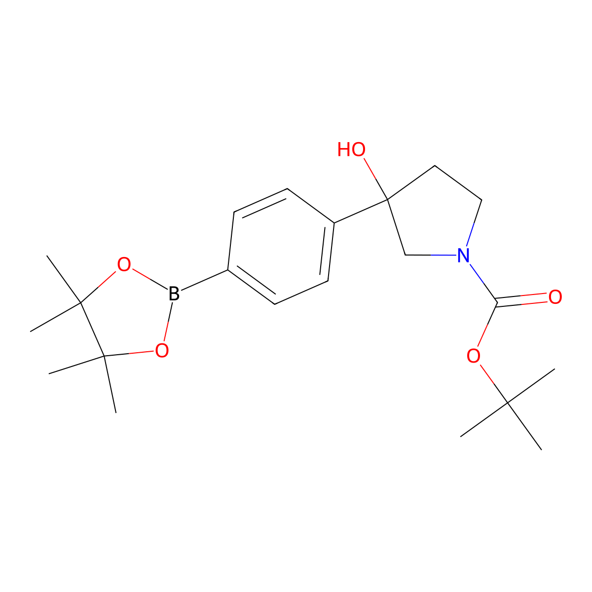 Tert-butyl 3-hydroxy-3-(4-(4,4,5,5-tetramethyl-1,3,2-dioxaborolan-2-yl)phenyl)pyrrolidine-1-carboxylate molecular structure, CAS 1802373-42-7