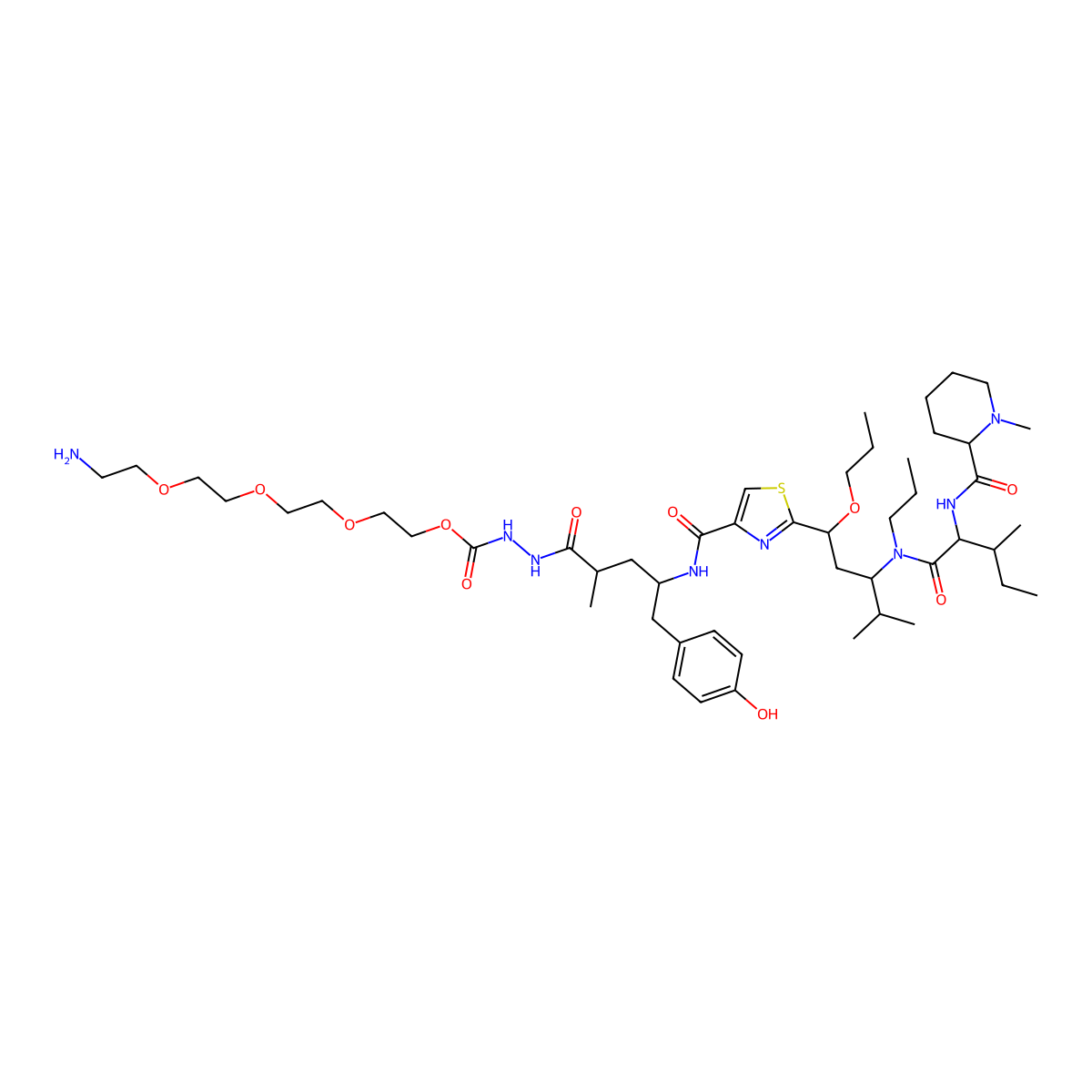 2-[2-[2-(2-aminoethoxy)ethoxy]ethoxy]ethyl N-[[(2S,4R)-5-(4-hydroxyphenyl)-2-methyl-4-[[2-[(1R,3R)-4-methyl-3-[[(2S,3S)-3-methyl-2-[[(2R)-1-methylpiperidine-2-carbonyl]amino]pentanoyl]-propylamino]-1-propoxypentyl]-1,3-thiazole-4-carbonyl]amino]pentanoyl]amino]carbamate molecular structure, CAS 1802499-20-2