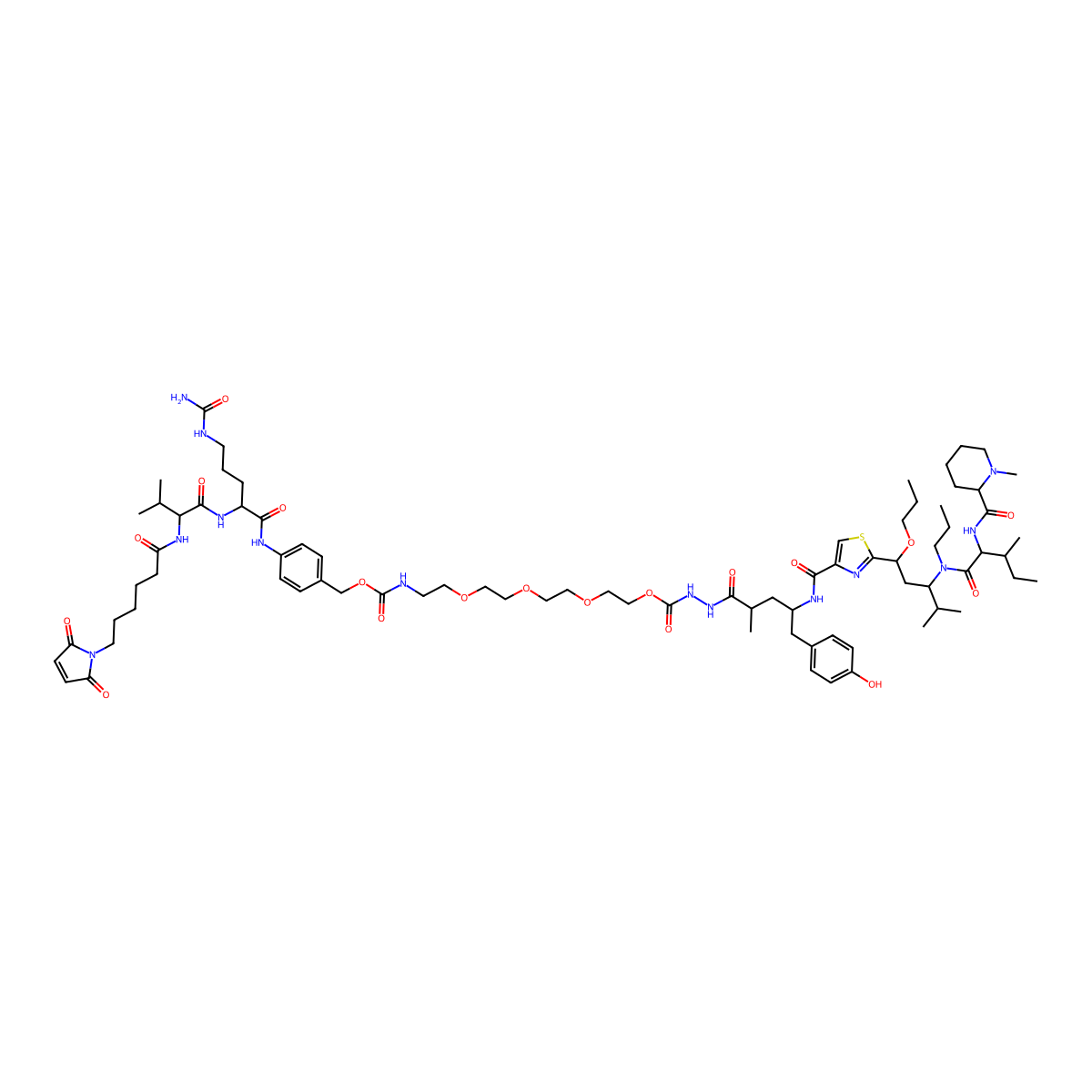2-[2-[2-[2-[[4-[[(2S)-5-(carbamoylamino)-2-[[(2S)-2-[6-(2,5-dioxopyrrol-1-yl)hexanoylamino]-3-methylbutanoyl]amino]pentanoyl]amino]phenyl]methoxycarbonylamino]ethoxy]ethoxy]ethoxy]ethyl N-[[(2S,4R)-5-(4-hydroxyphenyl)-2-methyl-4-[[2-[(1R,3R)-4-methyl-3-[[(2S,3S)-3-methyl-2-[[(2R)-1-methylpiperidine-2-carbonyl]amino]pentanoyl]-propylamino]-1-propoxypentyl]-1,3-thiazole-4-carbonyl]amino]pentanoyl]amino]carbamate molecular structure, CAS 1802499-21-3