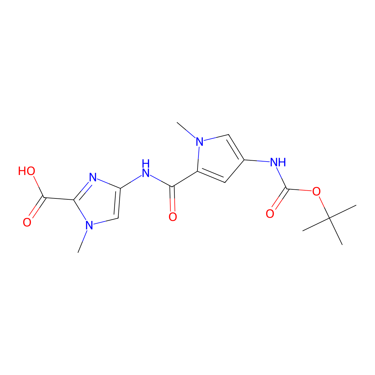 4-(4-((tert-Butoxycarbonyl)amino)-1-methyl-1H-pyrrole-2-carboxamido)-1-methyl-1H-imidazole-2-carboxylic acid molecular structure, CAS 180258-47-3