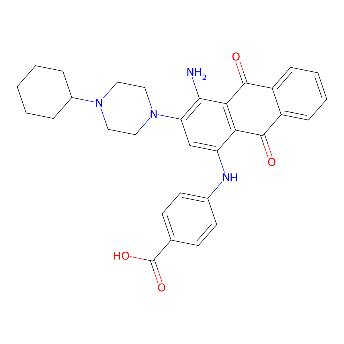 4-[[4-Azanyl-3-(4-cyclohexylpiperazin-1-yl)-9,10-bis(oxidanylidene)anthracen-1-yl]amino]benzoic acid molecular structure, CAS 1802770-18-8