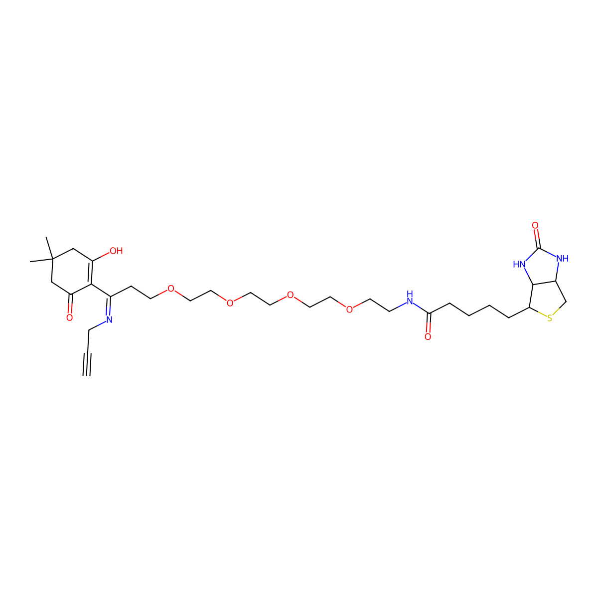 N-[2-[2-[2-[2-[3-(2-hydroxy-4,4-dimethyl-6-oxocyclohexen-1-yl)-3-prop-2-ynyliminopropoxy]ethoxy]ethoxy]ethoxy]ethyl]-5-(2-oxo-1,3,3a,4,6,6a-hexahydrothieno[3,4-d]imidazol-4-yl)pentanamide molecular structure, CAS 1802908-00-4