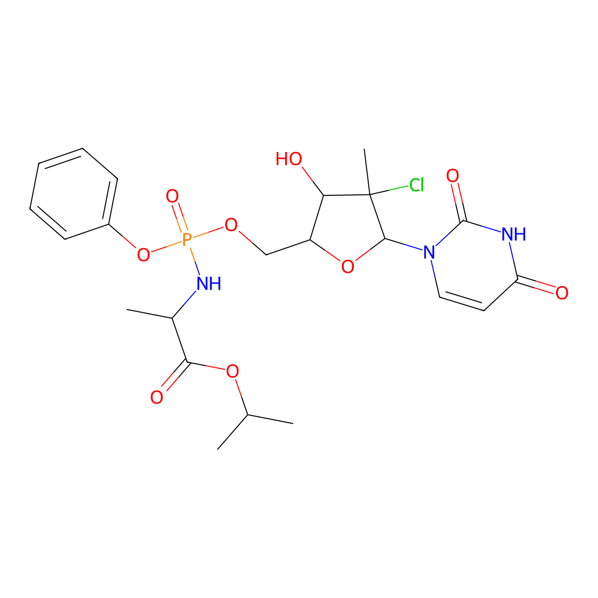 Isopropyl ((((2R,3R,4R,5R)-4-chloro-5-(2,4-dioxo-3,4-dihydropyrimidin-1(2H)-yl)-3-hydroxy-4-methyltetrahydrofuran-2-yl)methoxy)(phenoxy)phosphoryl)-D-alaninate molecular structure, CAS 1802927-75-8