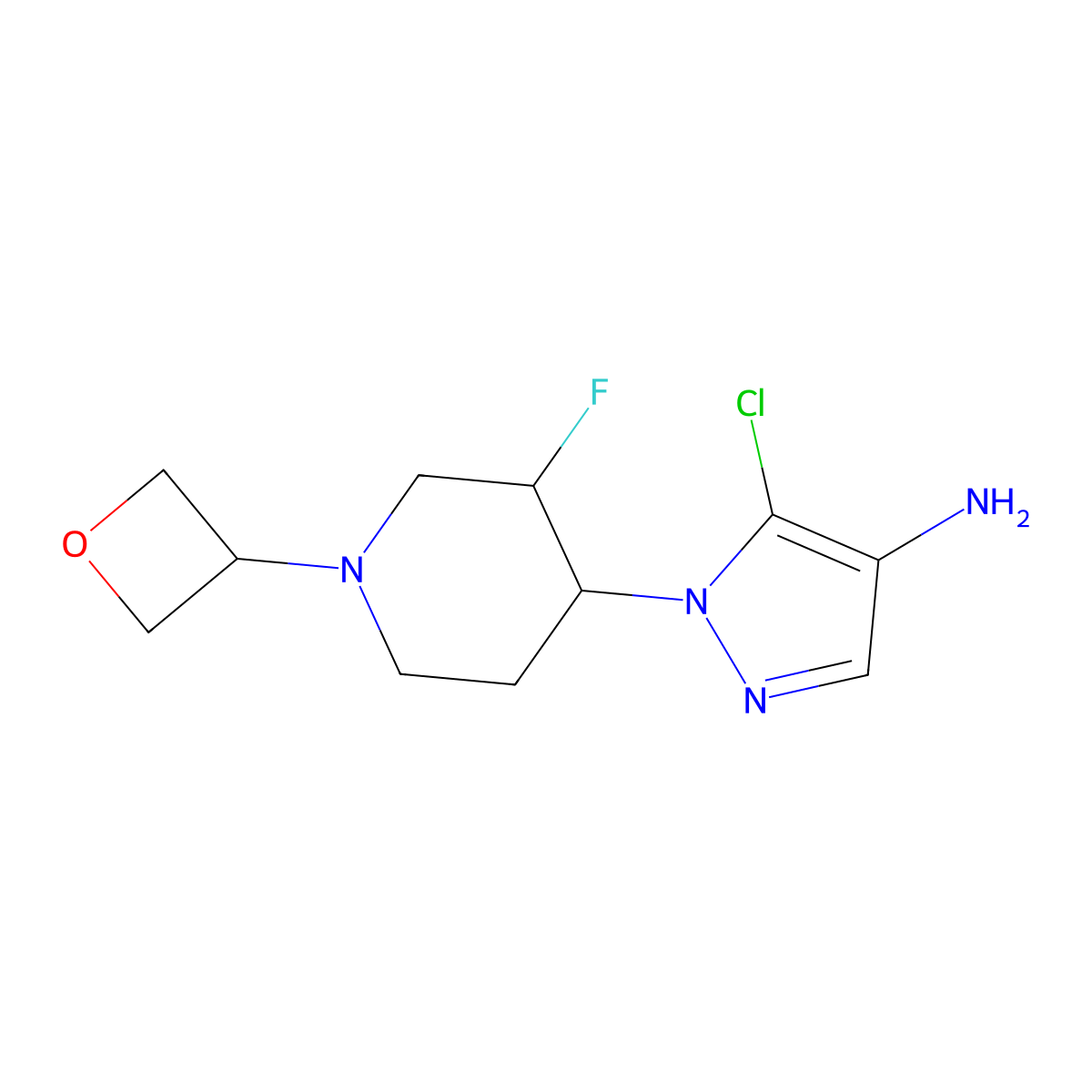 5-chloro-1-[trans-3-fluoro-1-(oxetan-3-yl)piperidin-4-yl]-1H-pyrazol-4-amine molecular structure, CAS 1802989-22-5