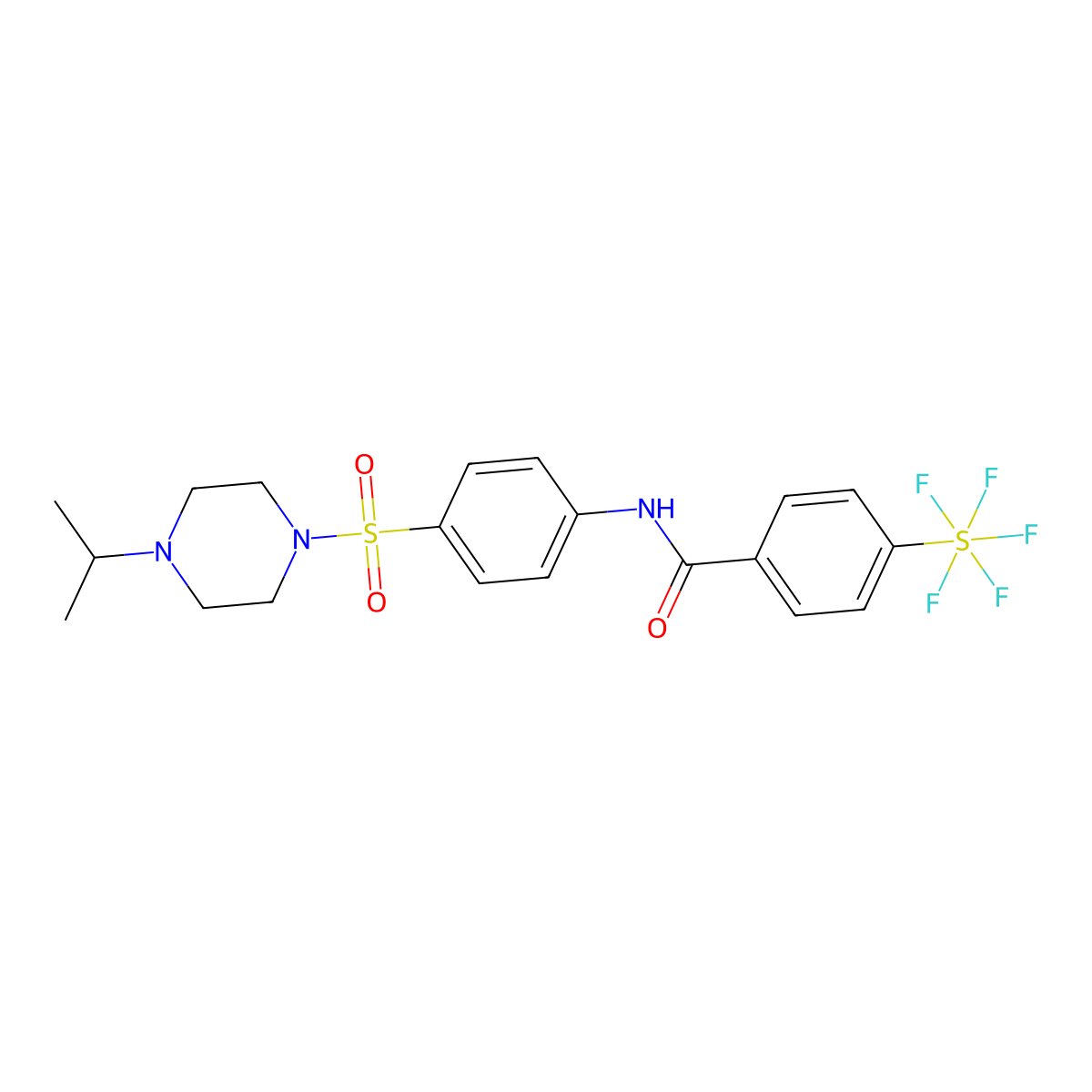 4-(pentafluoro-lambda6-sulfanyl)-N-[4-(4-propan-2-ylpiperazin-1-yl)sulfonylphenyl]benzamide molecular structure, CAS 1803003-65-7