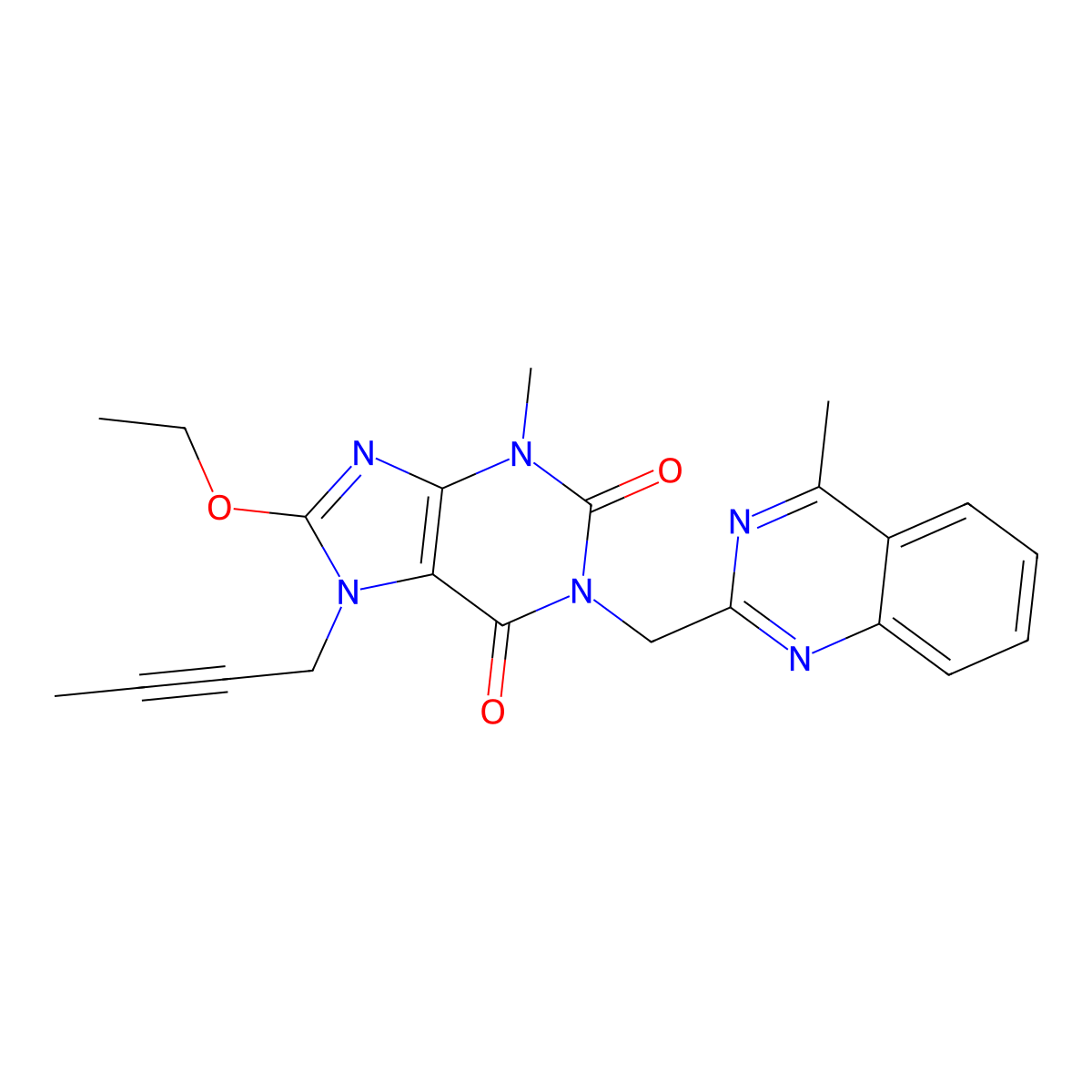 7-(But-2-yn-1-yl)-8-ethoxy-3-methyl-1-((4-methylquinazolin-2-yl)methyl)-1H-purine-2,6(3H,7H)-dione (Linagliptin Impurity) molecular structure, CAS 1803079-48-2