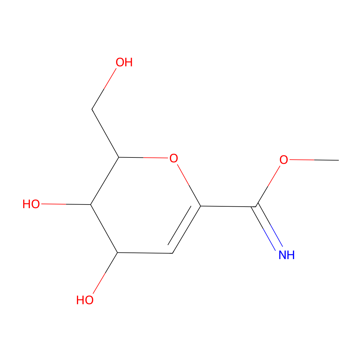methyl (2R,3R,4R)-3,4-dihydroxy-2-(hydroxymethyl)-3,4-dihydro-2H-pyran-6-carboximidate molecular structure, CAS 180336-28-1
