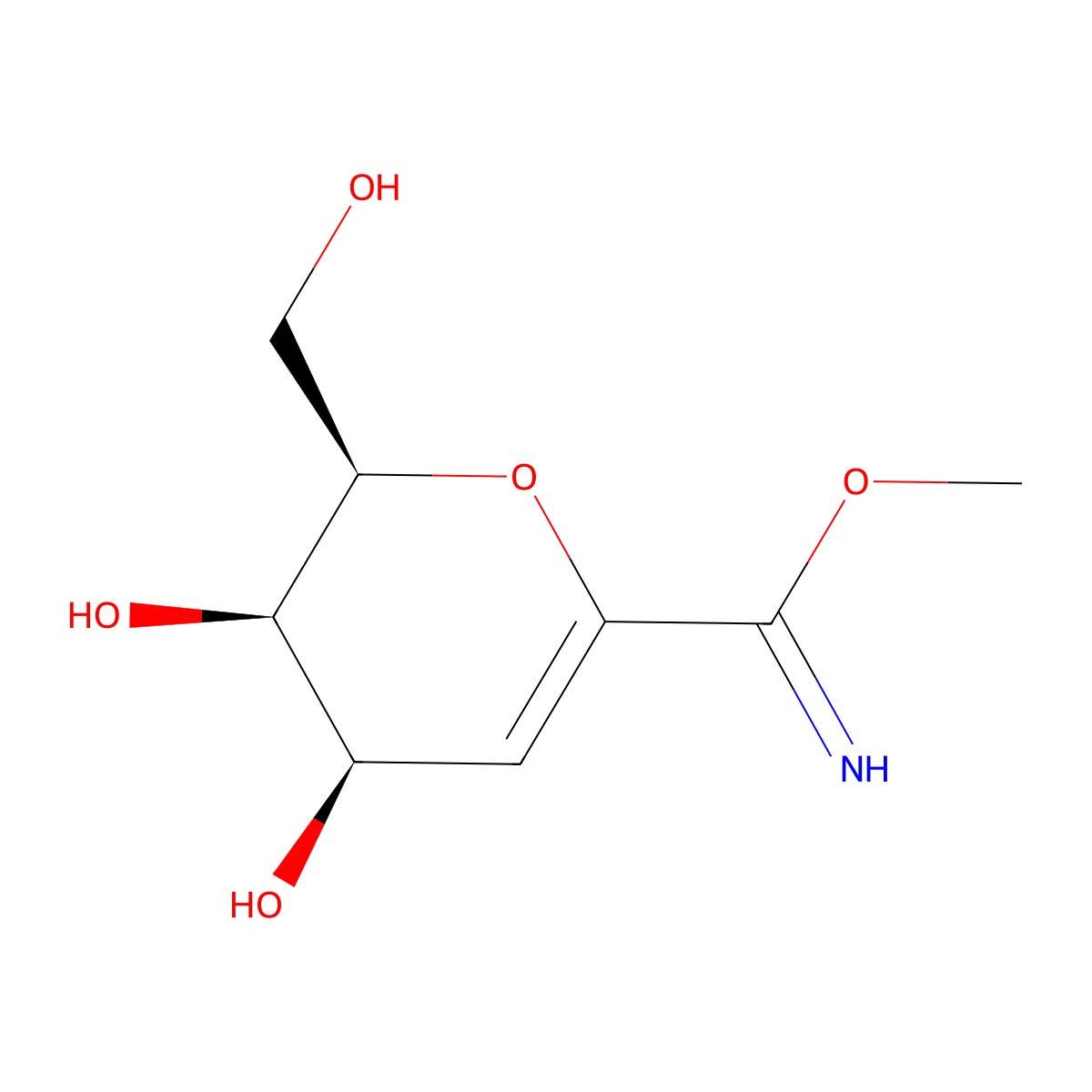 methyl (2R,3R,4R)-3,4-dihydroxy-2-(hydroxymethyl)-3,4-dihydro-2H-pyran-6-carboximidate molecular structure, CAS 180336-28-1