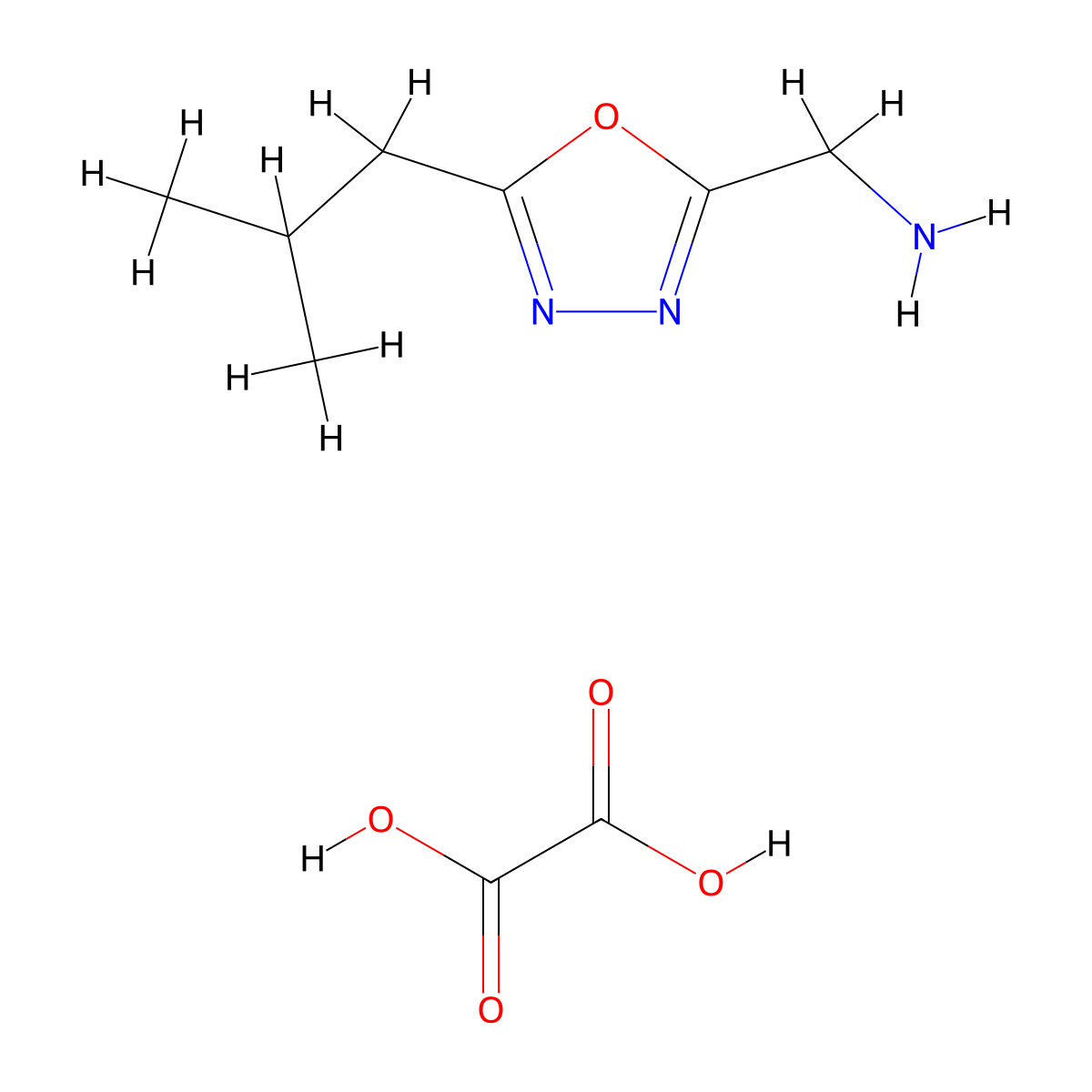 [5-(2-Methylpropyl)-1,3,4-oxadiazol-2-yl]methanamine, oxalic acid molecular structure, CAS 1803561-29-6