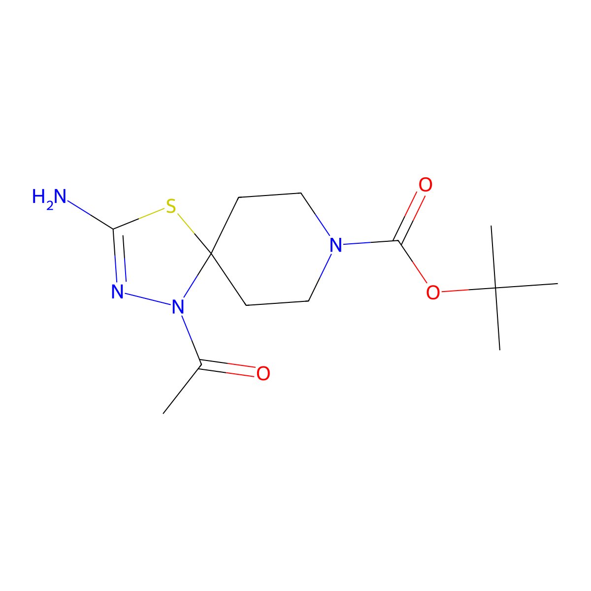 Tert-butyl 1-acetyl-3-amino-4-thia-1,2,8-triazaspiro[4.5]dec-2-ene-8-carboxylate molecular structure, CAS 1803562-13-1
