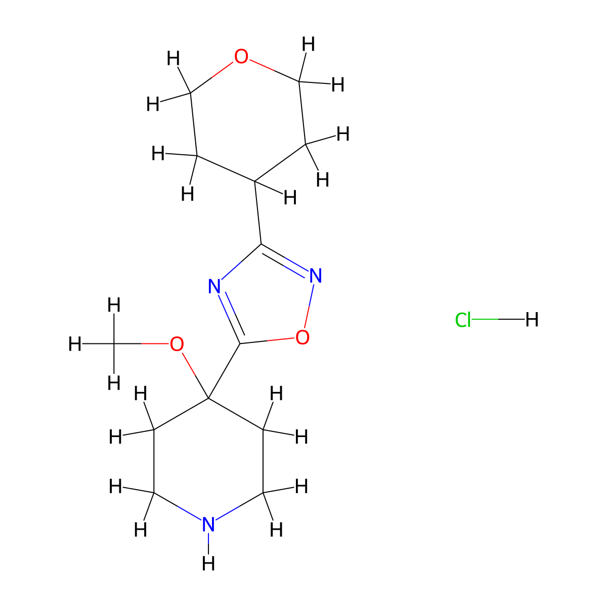 4-Methoxy-4-[3-(oxan-4-yl)-1,2,4-oxadiazol-5-yl]piperidine hydrochloride molecular structure, CAS 1803562-39-1