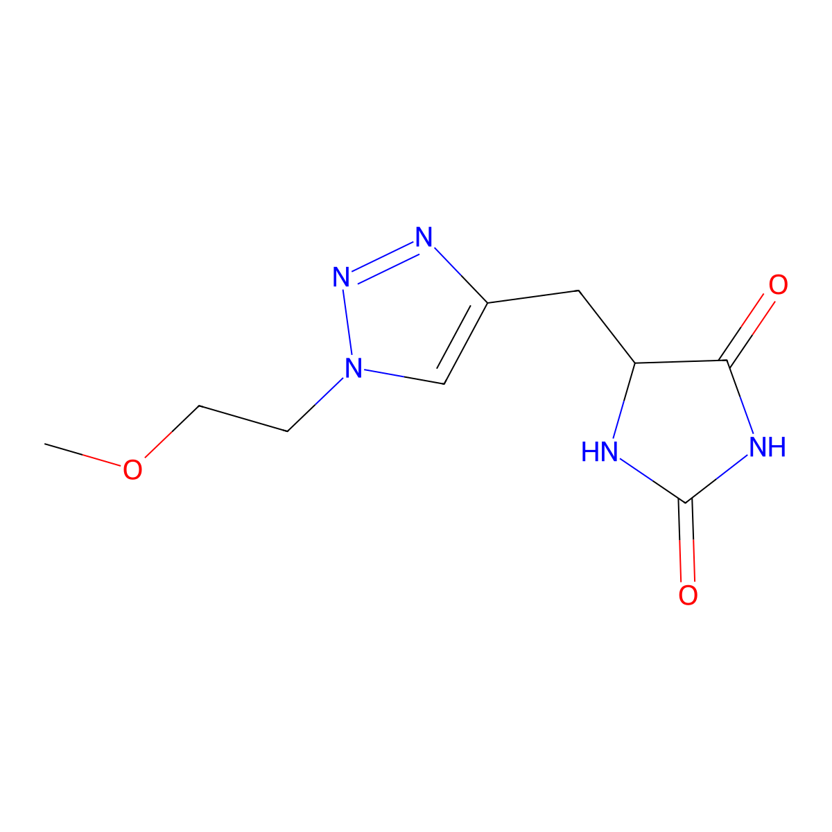 5-{[1-(2-methoxyethyl)-1H-1,2,3-triazol-4-yl]methyl}imidazolidine-2,4-dione molecular structure, CAS 1803565-72-1