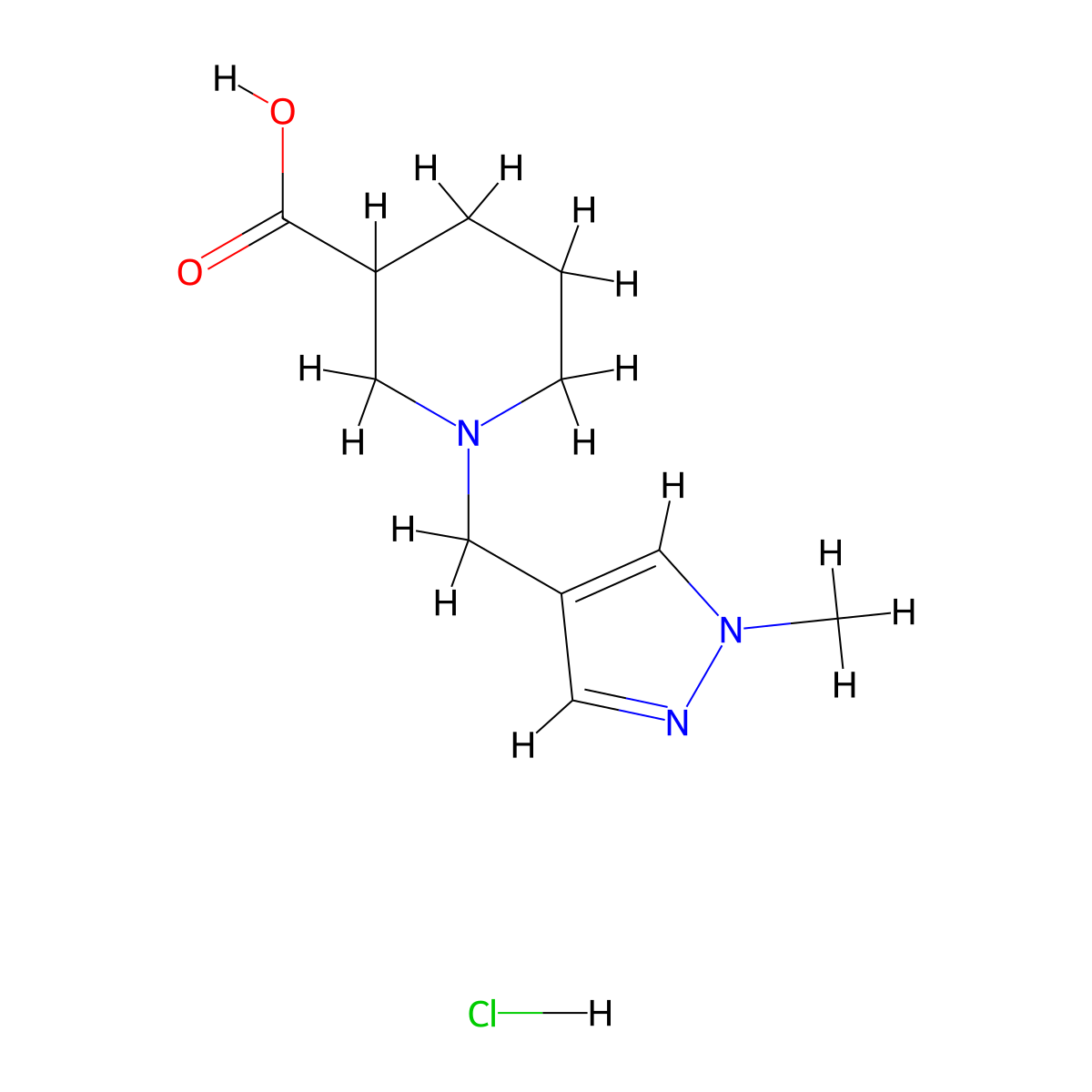1-[(1-methyl-1H-pyrazol-4-yl)methyl]piperidine-3-carboxylic acid hydrochloride molecular structure, CAS 1803565-81-2