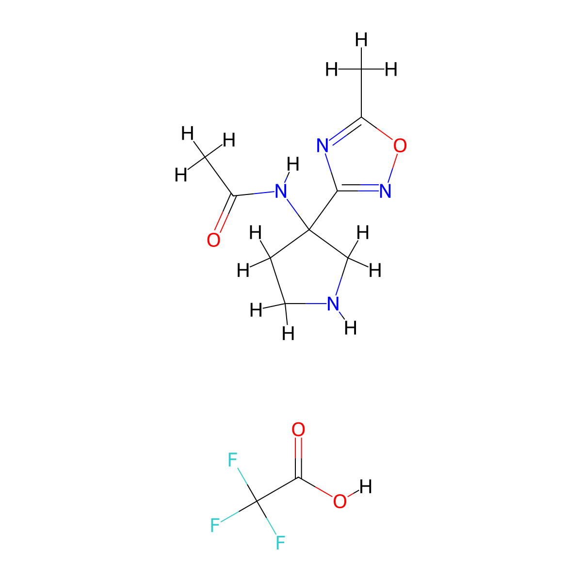 N-[3-(5-methyl-1,2,4-oxadiazol-3-yl)pyrrolidin-3-yl]acetamide, trifluoroacetic acid molecular structure, CAS 1803567-05-6