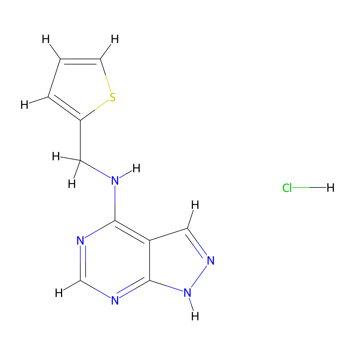 N-(thiophen-2-ylmethyl)-1H-pyrazolo[3,4-d]pyrimidin-4-amine hydrochloride molecular structure, CAS 1803567-43-2
