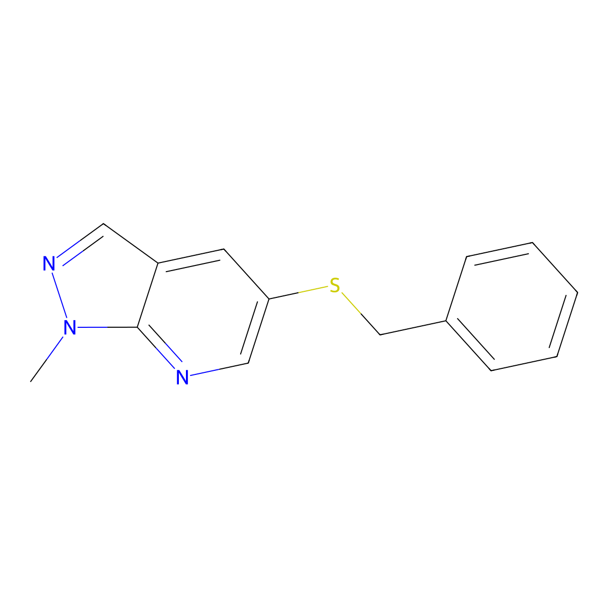 5-(benzylsulfanyl)-1-methyl-1H-pyrazolo[3,4-b]pyridine molecular structure, CAS 1803572-30-6