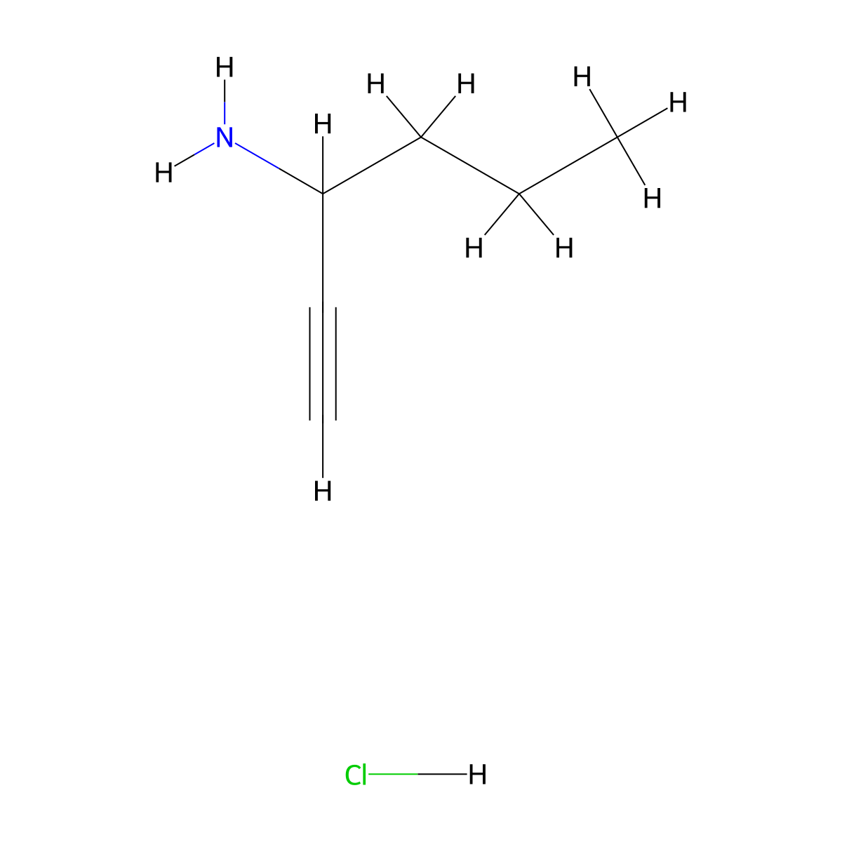 Hex-1-yn-3-amine hydrochloride molecular structure, CAS 1803581-05-6