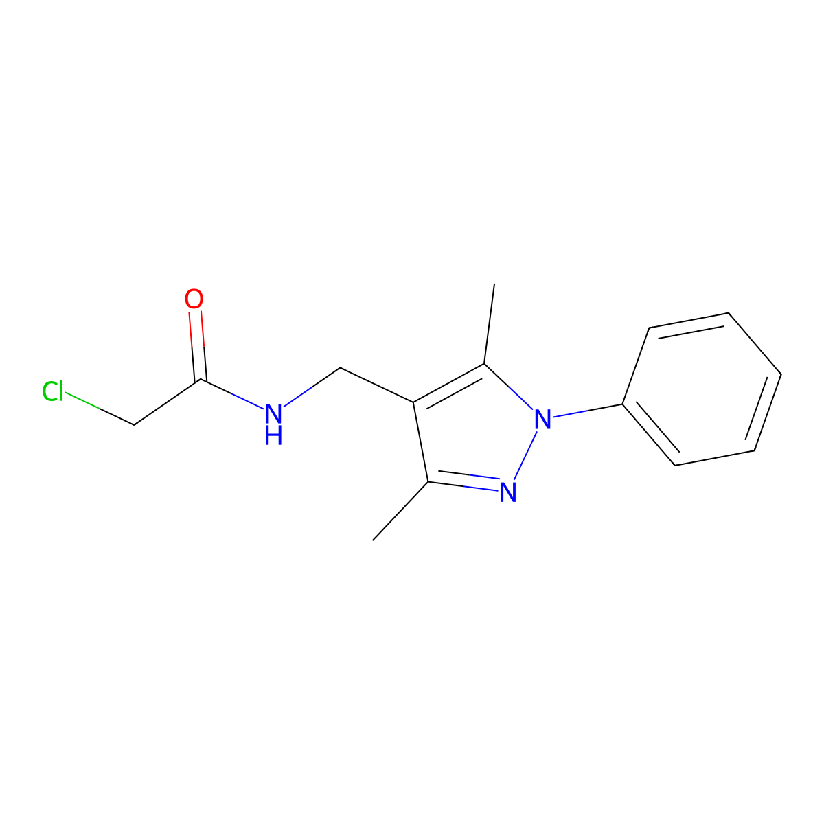 2-chloro-N-[(3,5-dimethyl-1-phenyl-1H-pyrazol-4-yl)methyl]acetamide molecular structure, CAS 1803582-14-0