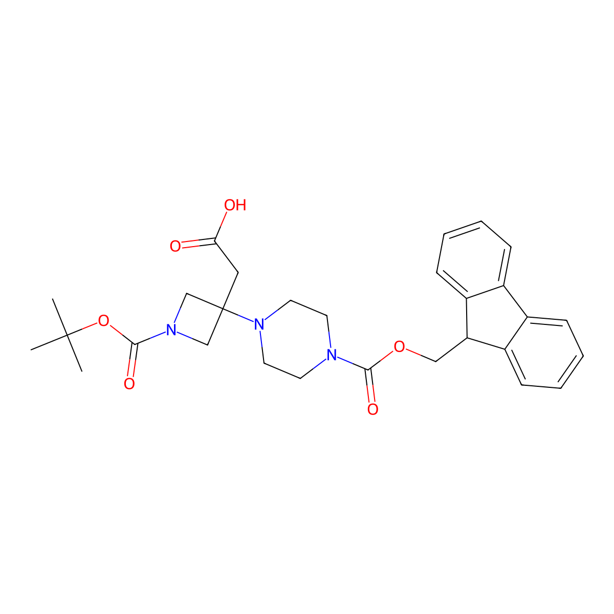 2-{1-[(tert-butoxy)carbonyl]-3-{4-[(9H-fluoren-9-ylmethoxy)carbonyl]piperazin-1-yl}azetidin-3-yl}acetic acid molecular structure, CAS 1803582-64-0