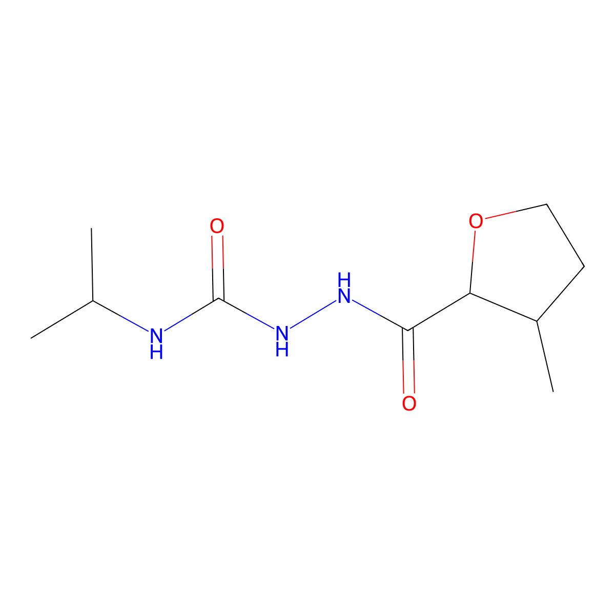 3-methyl-N-{[(propan-2-yl)carbamoyl]amino}oxolane-2-carboxamide molecular structure, CAS 1803587-07-6