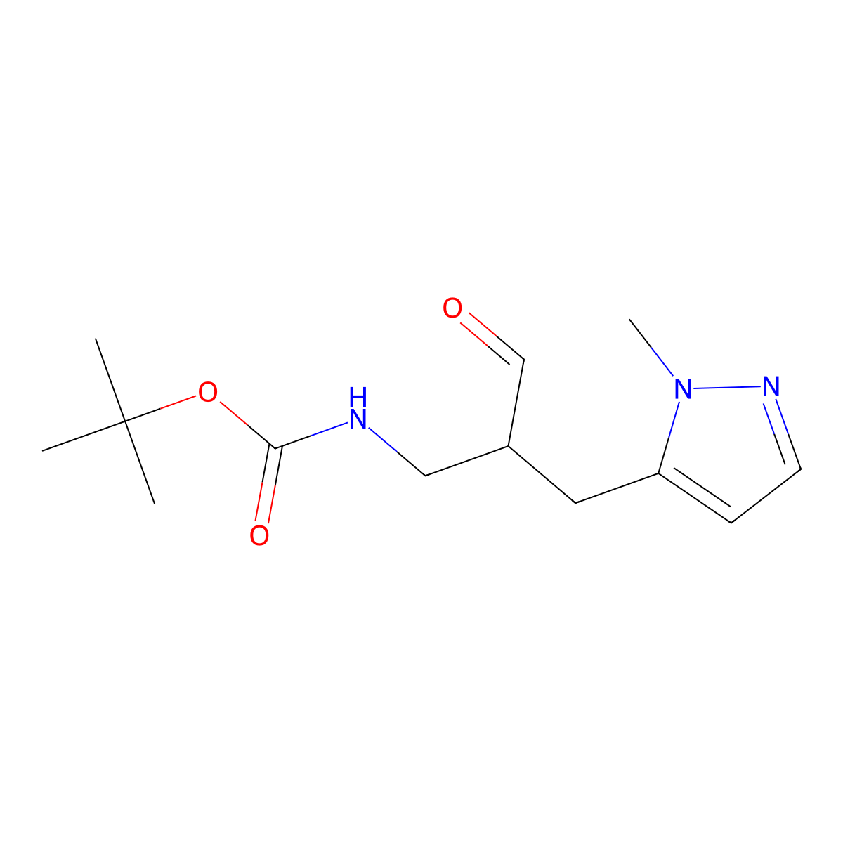 Carbamic acid, N-(2-formyl-3-(1-methyl-1H-pyrazol-5-yl)propyl)-, 1,1-dimethylethyl ester molecular structure, CAS 1803588-72-8