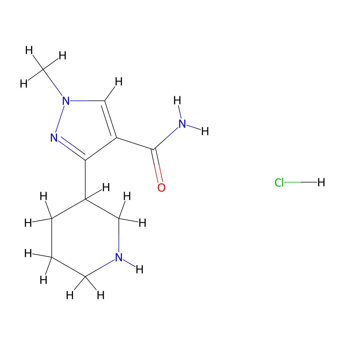 1-methyl-3-(piperidin-3-yl)-1H-pyrazole-4-carboxamide hydrochloride molecular structure, CAS 1803589-18-5