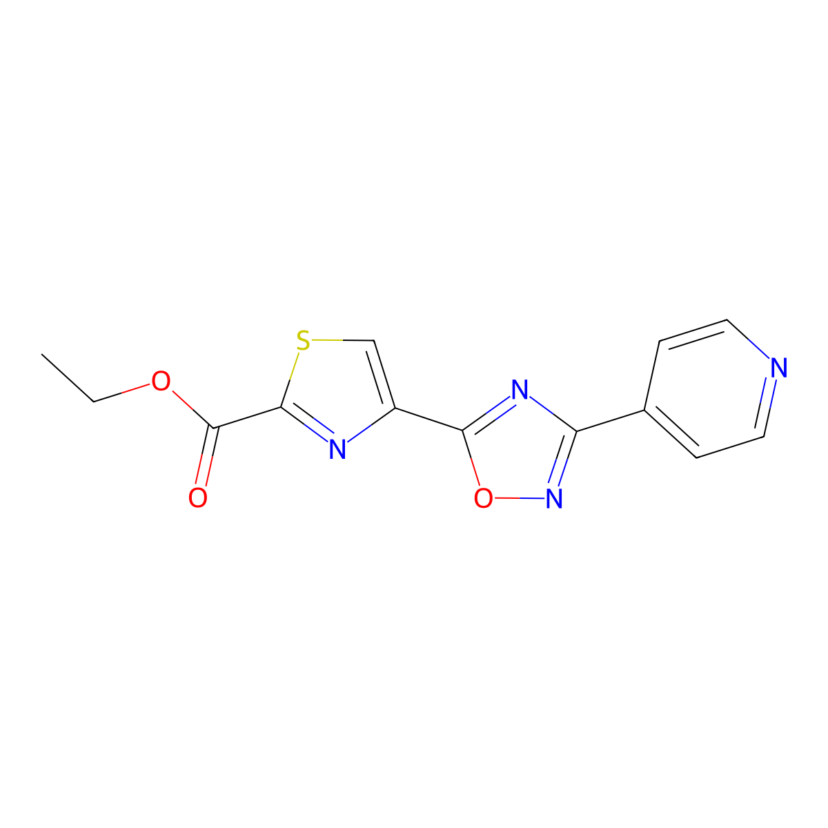 Ethyl 4-[3-(pyridin-4-yl)-1,2,4-oxadiazol-5-yl]-1,3-thiazole-2-carboxylate molecular structure, CAS 1803589-99-2