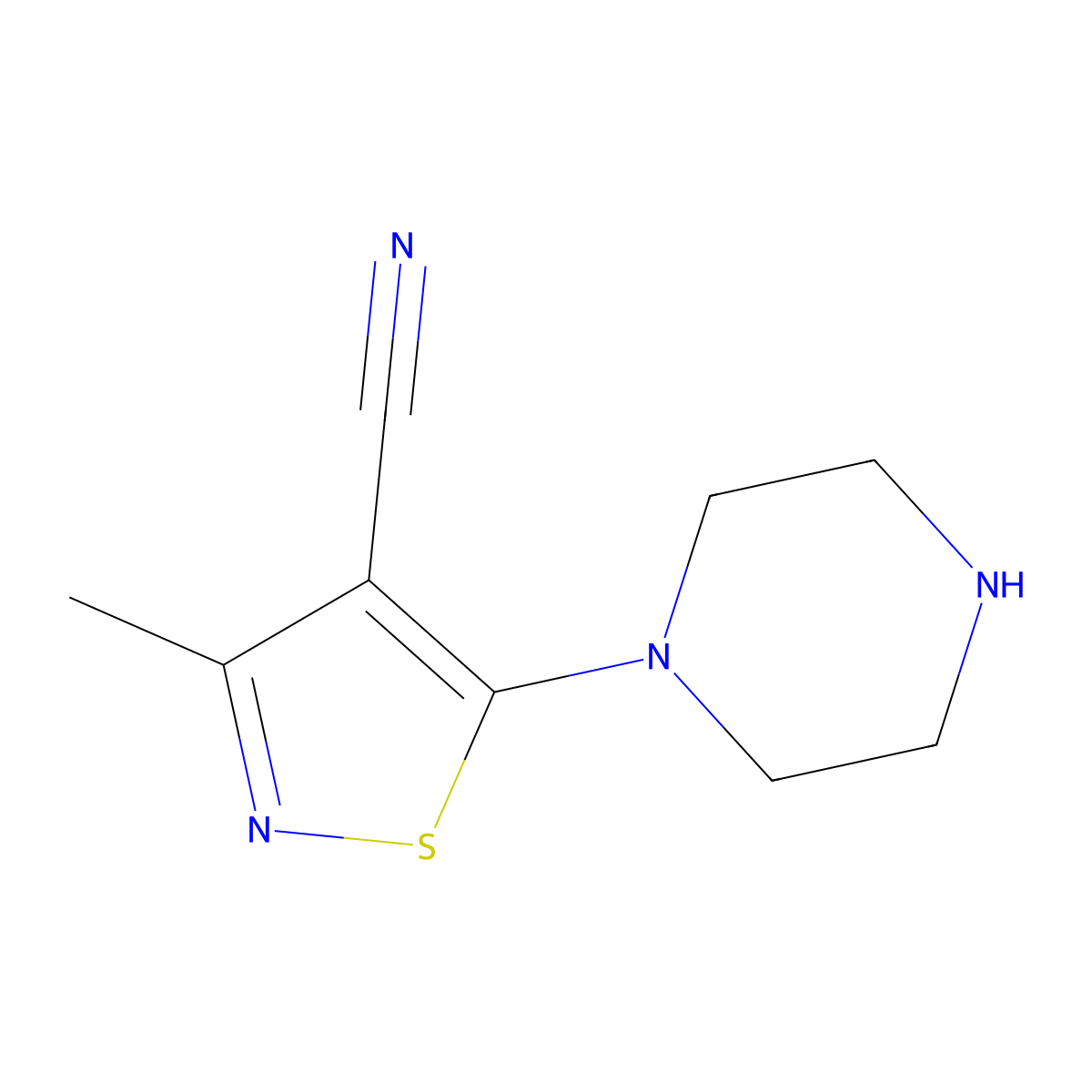 3-Methyl-5-(piperazin-1-yl)-1,2-thiazole-4-carbonitrile molecular structure, CAS 1803592-90-6