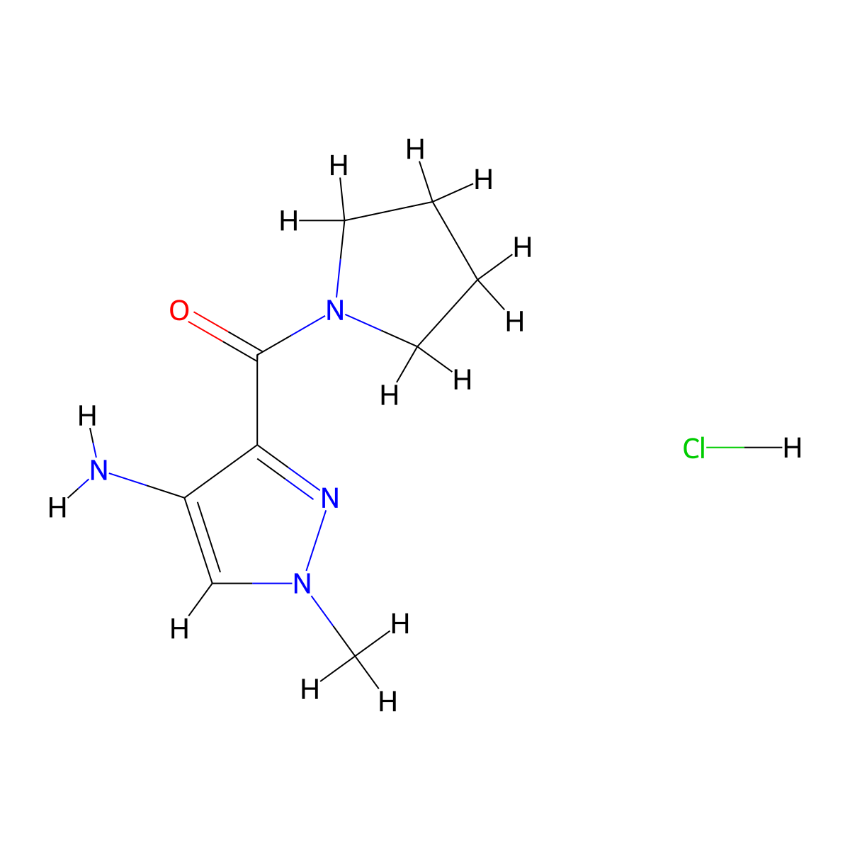 1-methyl-3-(pyrrolidine-1-carbonyl)-1H-pyrazol-4-amine hydrochloride molecular structure, CAS 1803593-91-0
