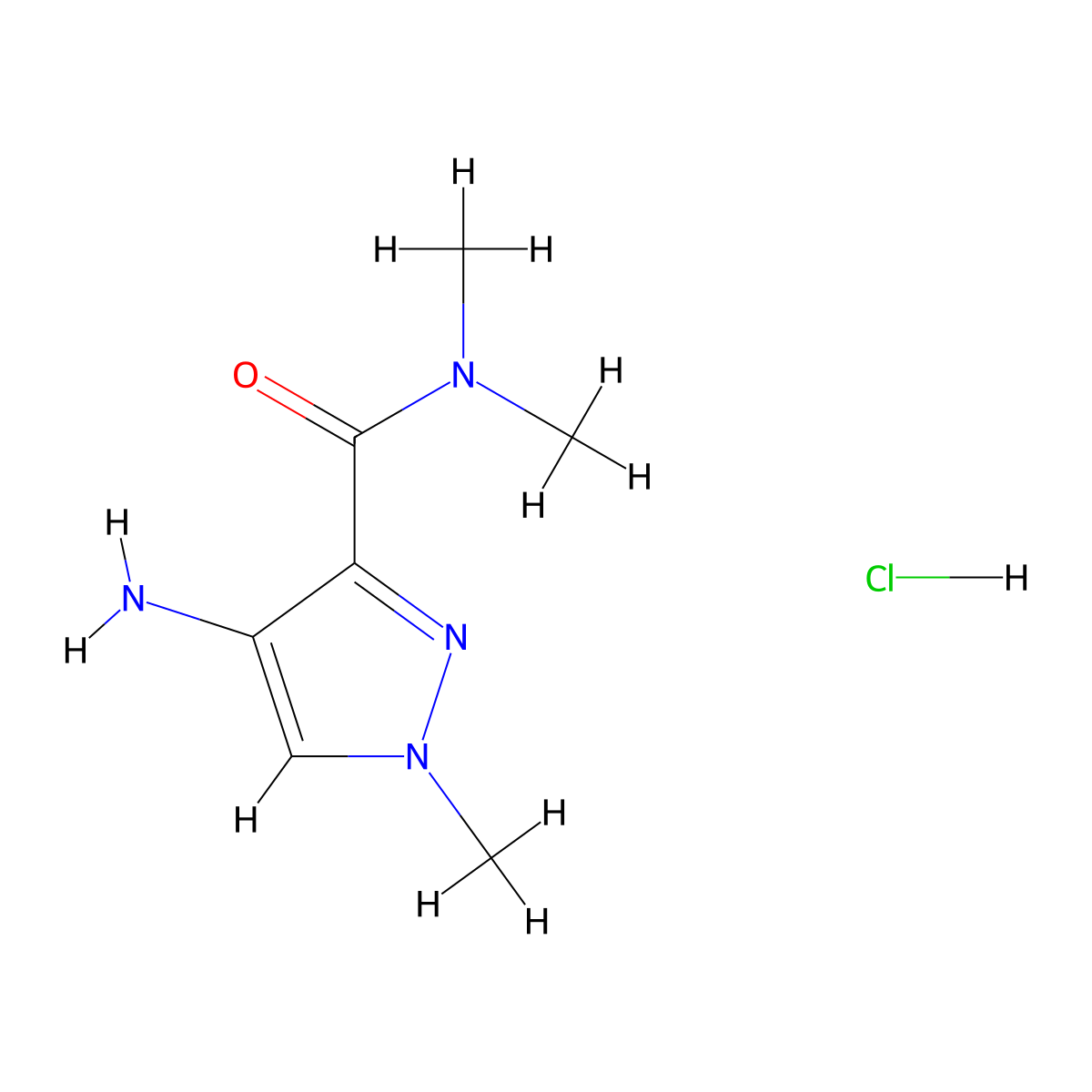 4-amino-N,N,1-trimethyl-1H-pyrazole-3-carboxamide hydrochloride molecular structure, CAS 1803598-20-0