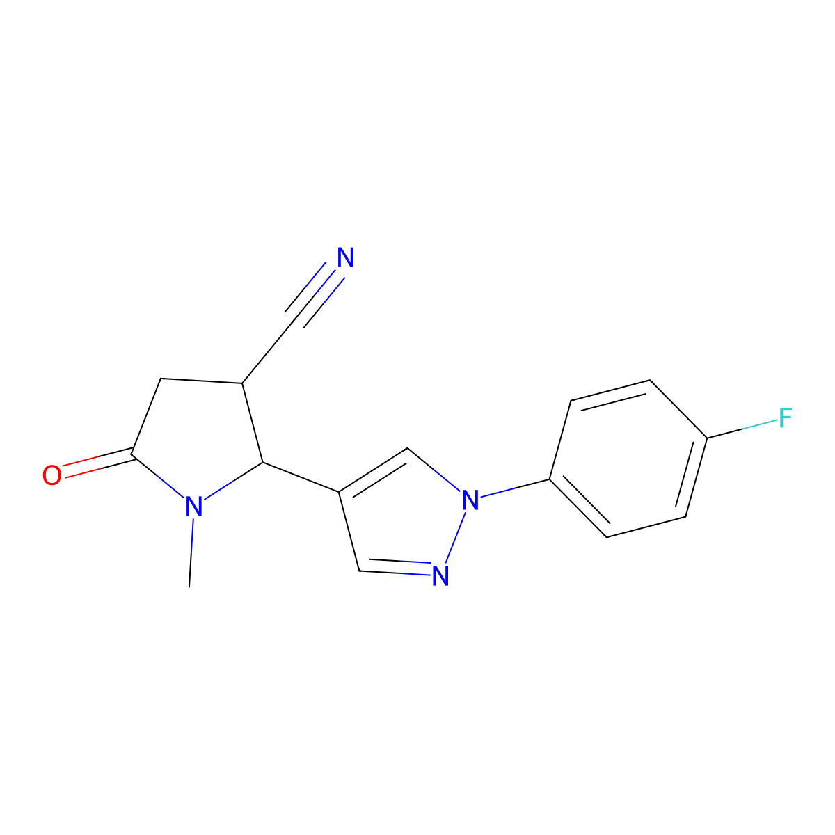 2-[1-(4-fluorophenyl)-1H-pyrazol-4-yl]-1-methyl-5-oxopyrrolidine-3-carbonitrile molecular structure, CAS 1803598-23-3