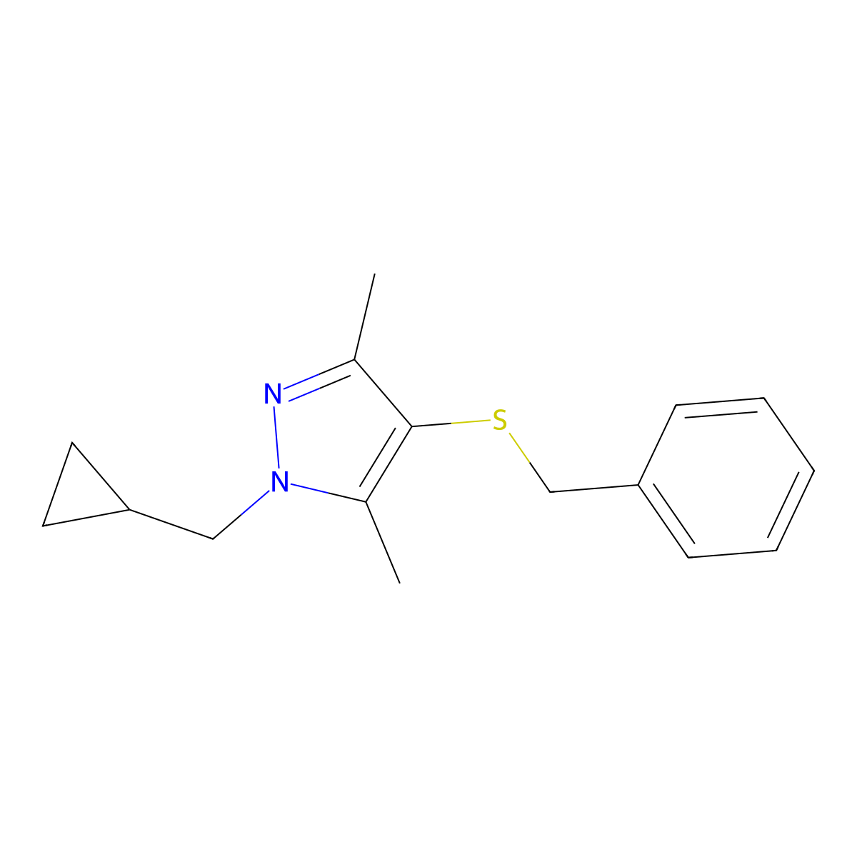 4-(benzylsulfanyl)-1-(cyclopropylmethyl)-3,5-dimethyl-1H-pyrazole molecular structure, CAS 1803598-31-3