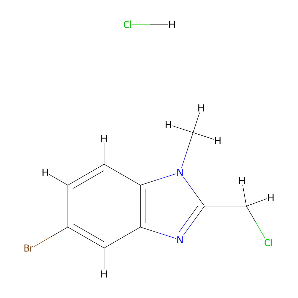 5-bromo-2-(chloromethyl)-1-methyl-1H-1,3-benzodiazole hydrochloride molecular structure, CAS 1803599-16-7