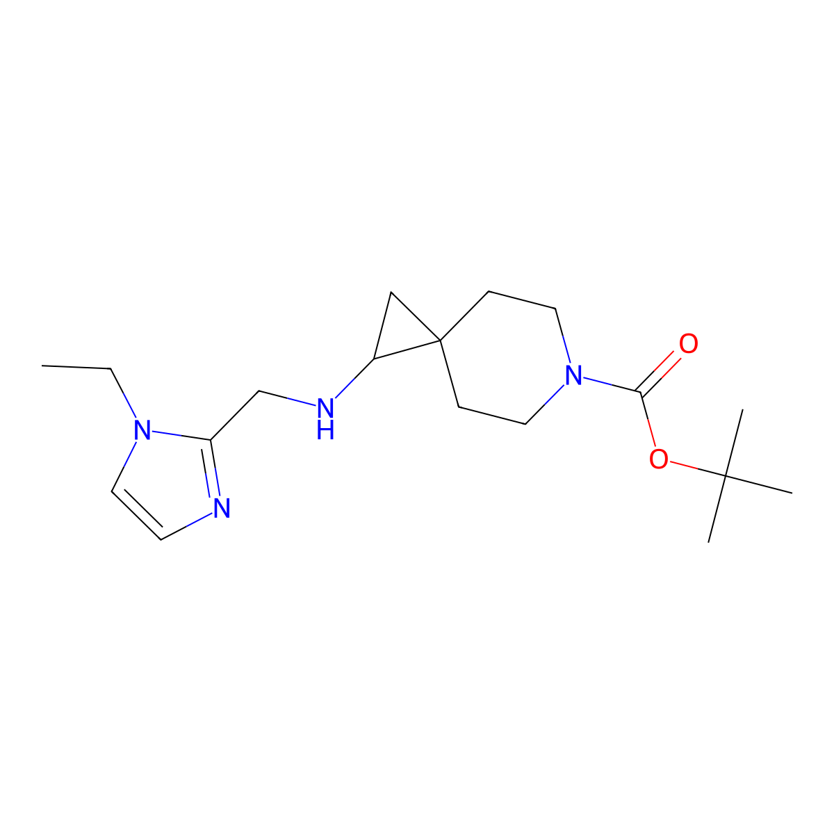 tert-butyl 1-{[(1-ethyl-1H-imidazol-2-yl)methyl]amino}-6-azaspiro[2.5]octane-6-carboxylate molecular structure, CAS 1803600-97-6
