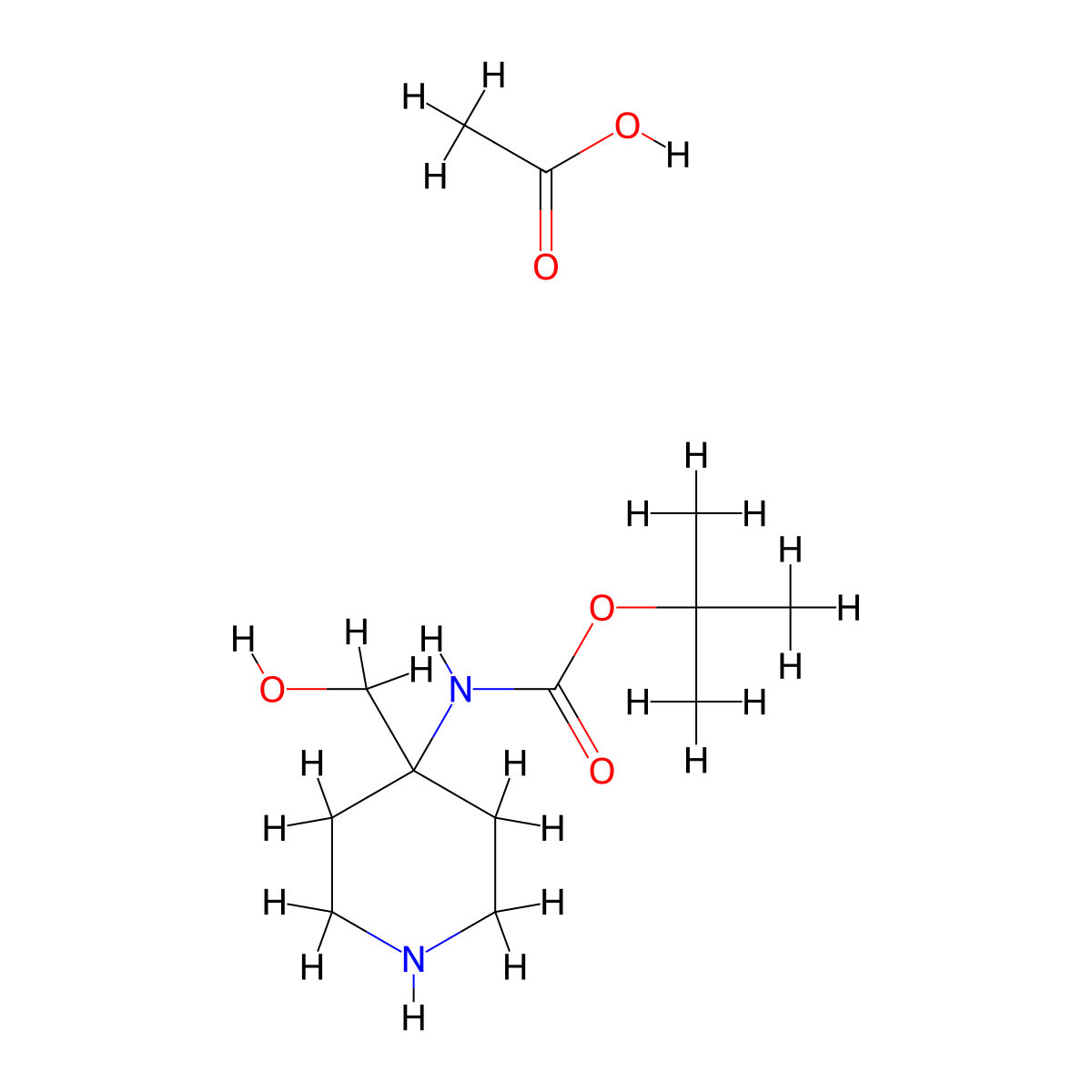 tert-butyl N-[4-(hydroxymethyl)piperidin-4-yl]carbamate; acetic acid molecular structure, CAS 1803606-54-3