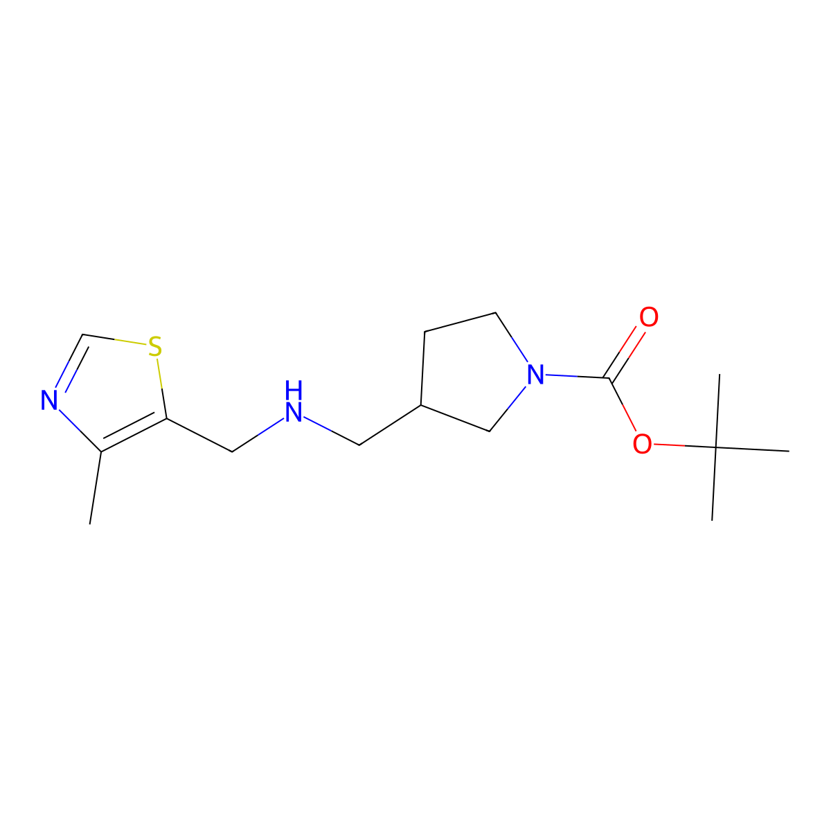 Tert-butyl 3-((((4-methyl-1,3-thiazol-5-yl)methyl)amino)methyl)pyrrolidine-1-carboxylate molecular structure, CAS 1803608-82-3