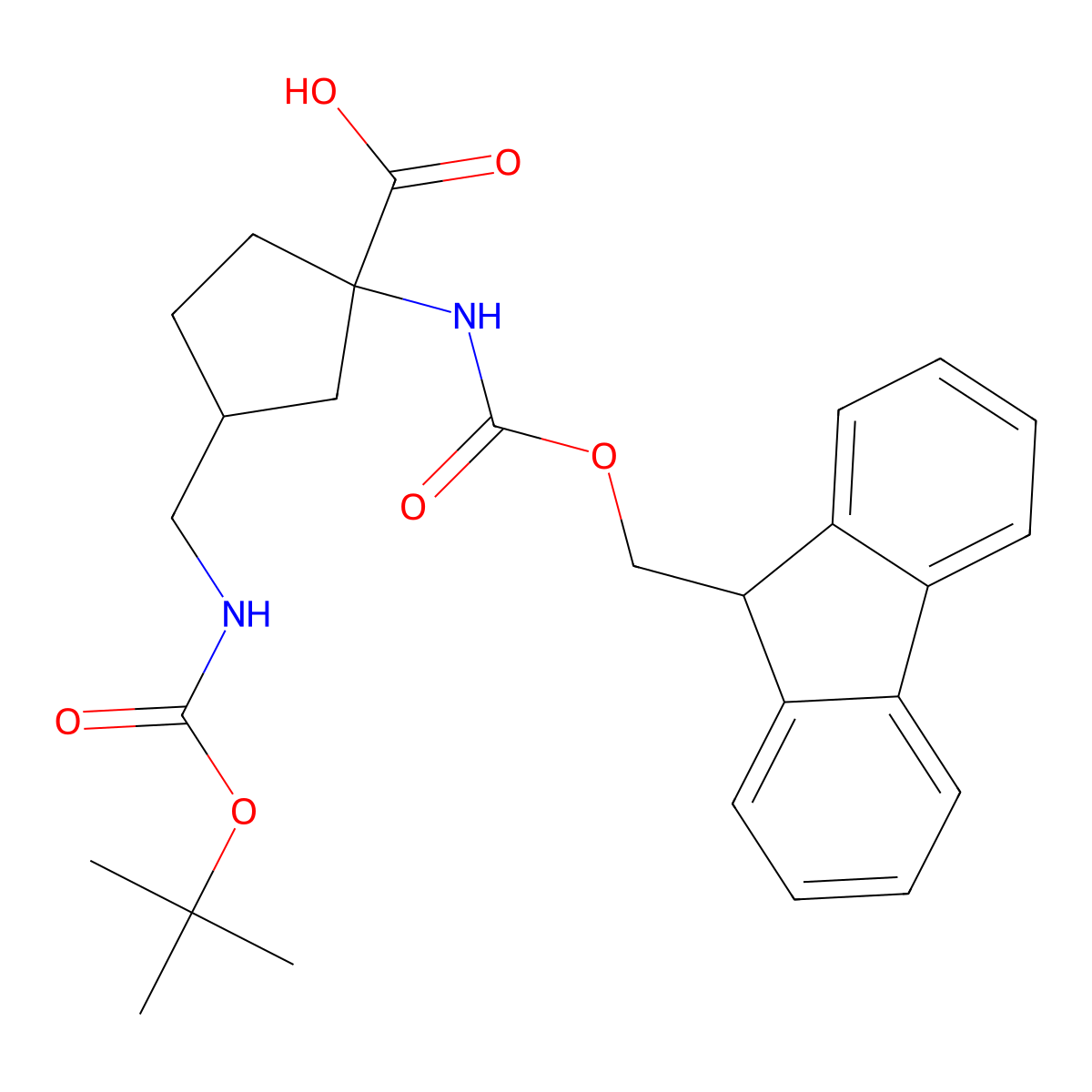 3-((((tert-butoxy)carbonyl)amino)methyl)-1-(((9H-fluoren-9-ylmethoxy)carbonyl)amino)cyclopentane-1-carboxylic acid molecular structure, CAS 1803609-23-5