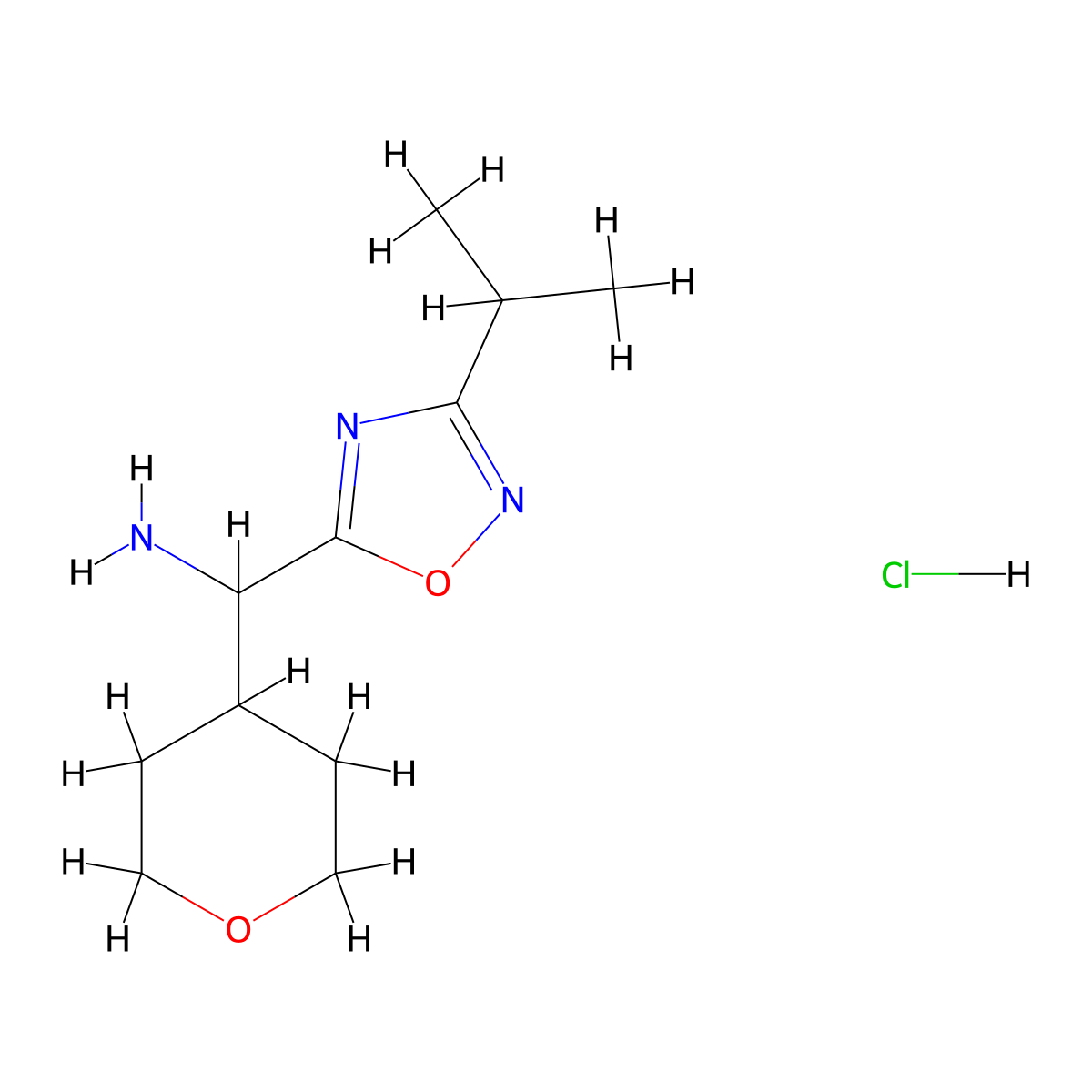 Oxan-4-yl[3-(propan-2-yl)-1,2,4-oxadiazol-5-yl]methanamine hydrochloride molecular structure, CAS 1803609-84-8