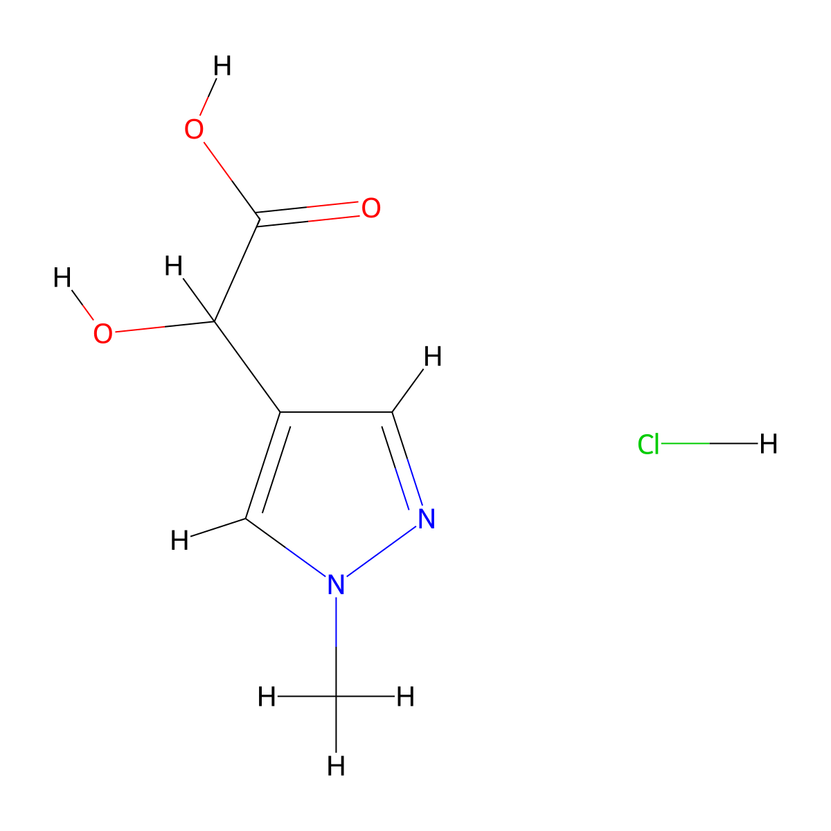 2-hydroxy-2-(1-methyl-1H-pyrazol-4-yl)acetic acid hydrochloride molecular structure, CAS 1803610-66-3