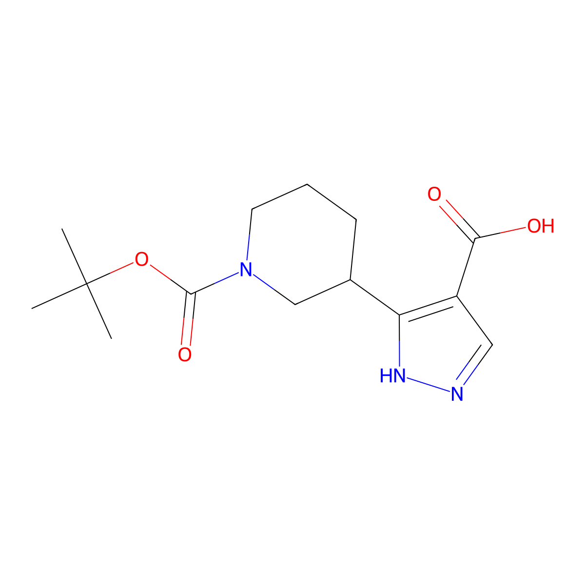 1-Piperidinecarboxylic acid, 3-(4-carboxy-1H-pyrazol-3-yl)-, 1-(1,1-dimethylethyl) ester molecular structure, CAS 1803610-69-6