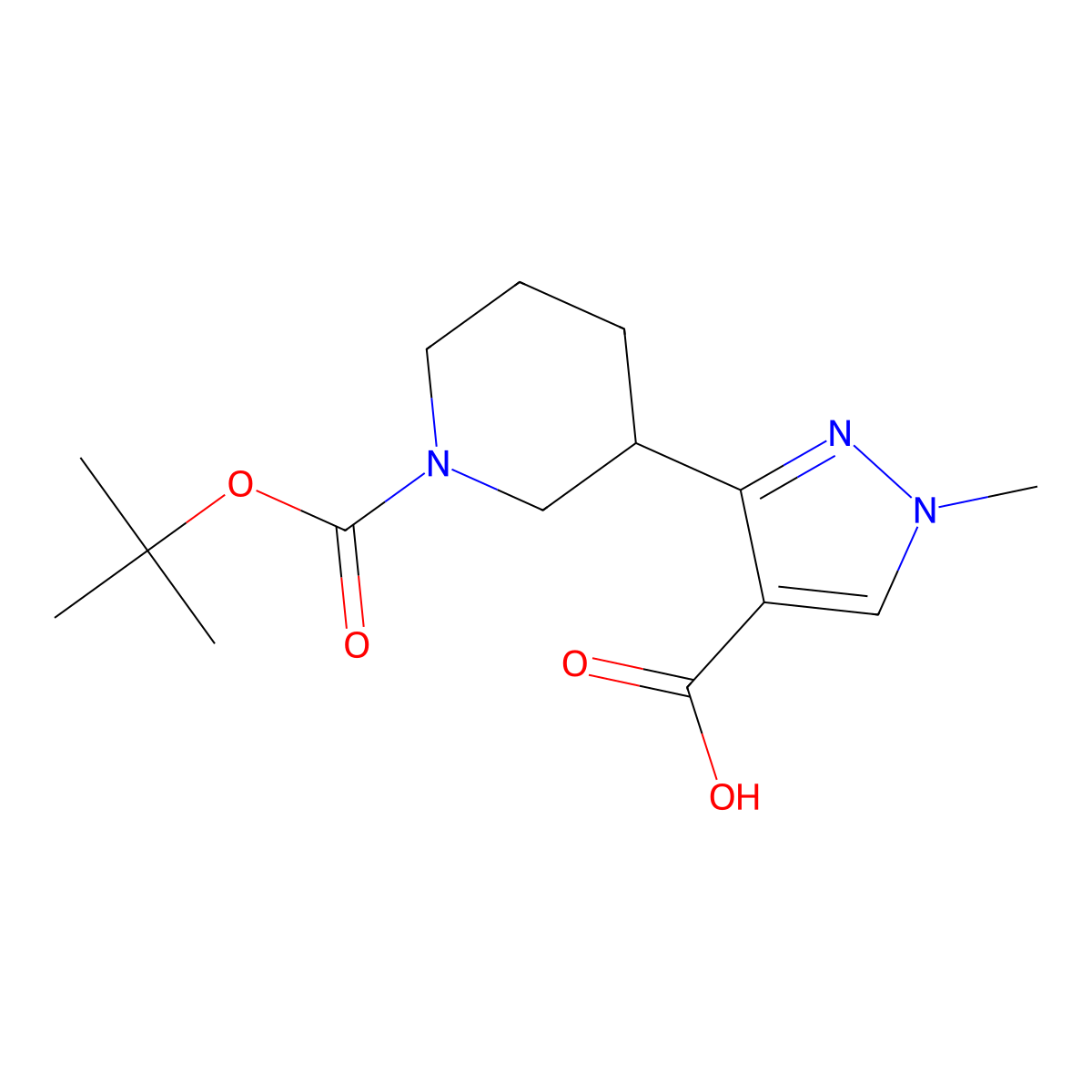 3-{1-[(tert-butoxy)carbonyl]piperidin-3-yl}-1-methyl-1H-pyrazole-4-carboxylic acid molecular structure, CAS 1803611-22-4