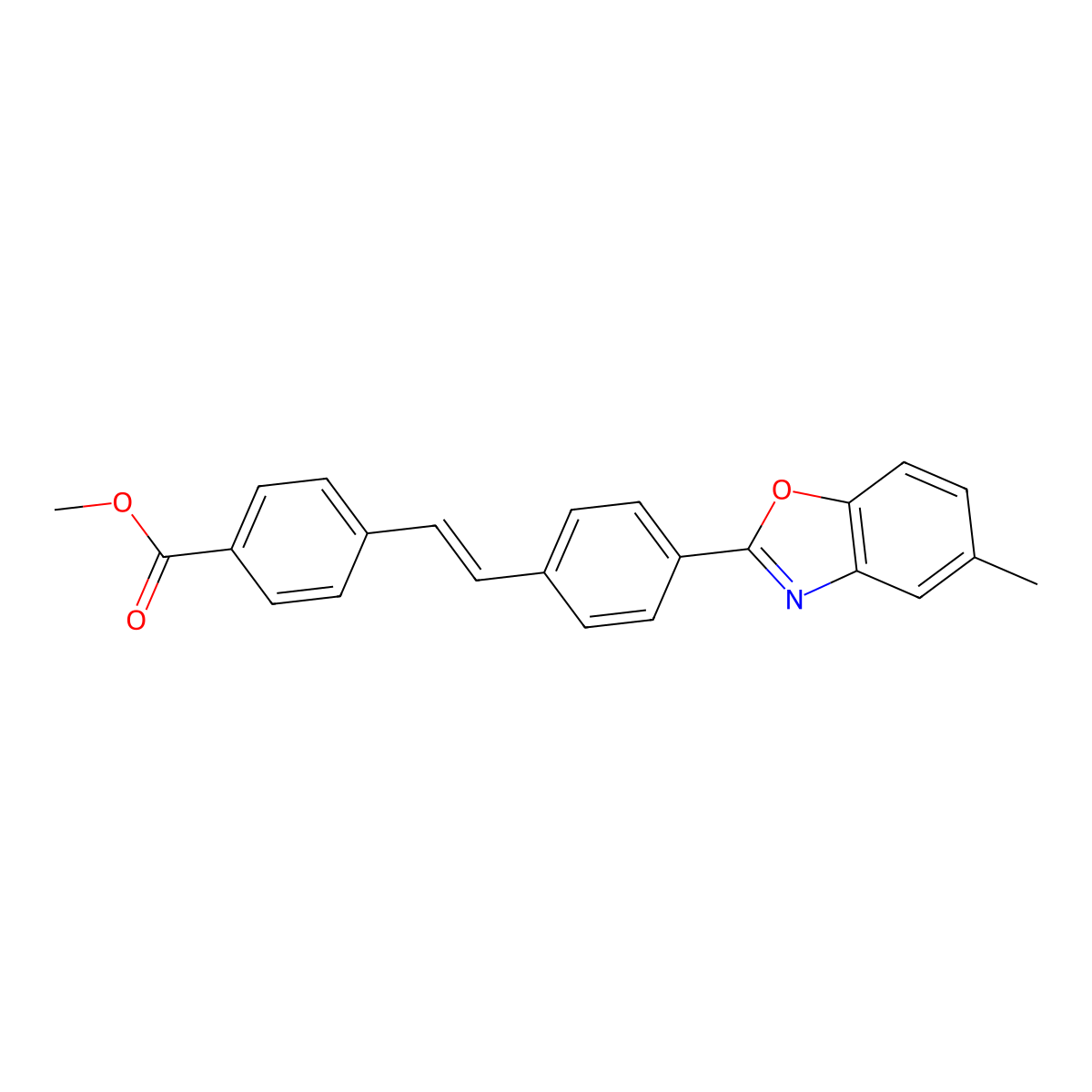 Benzoic acid, 4-[2-[4-(5-methyl-2-benzoxazolyl)phenyl]ethenyl]-, methyl ester molecular structure, CAS 18039-18-4