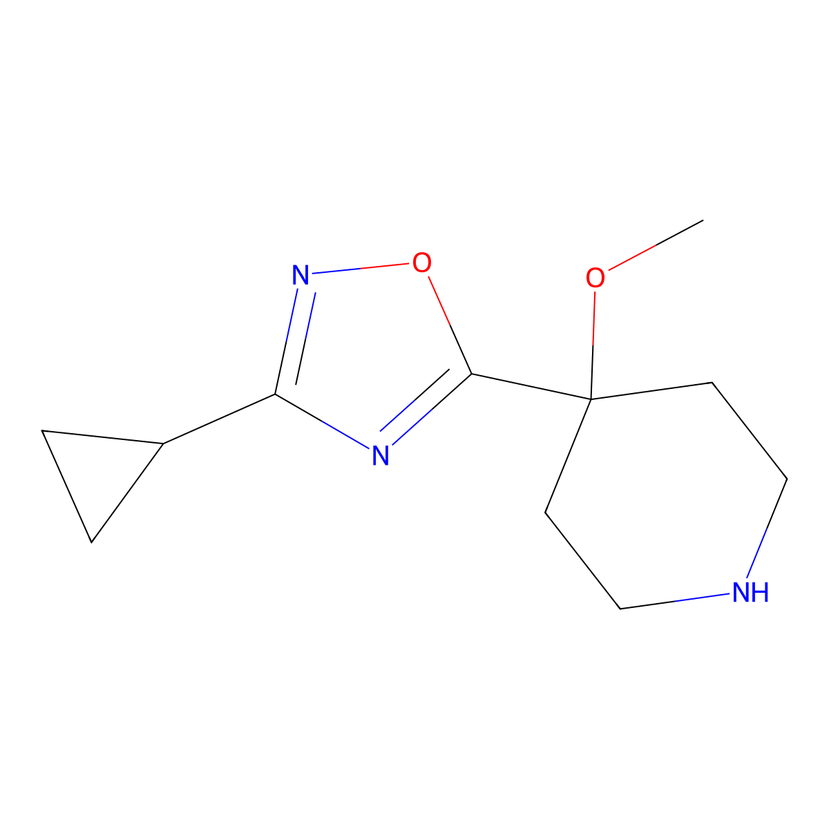 4-(3-Cyclopropyl-1,2,4-oxadiazol-5-yl)-4-methoxypiperidine molecular structure, CAS 1804128-22-0
