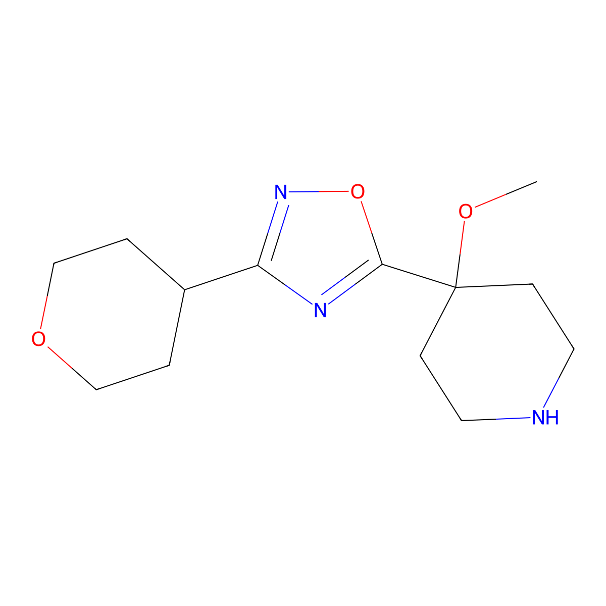 4-Methoxy-4-[3-(oxan-4-yl)-1,2,4-oxadiazol-5-yl]piperidine molecular structure, CAS 1804128-23-1