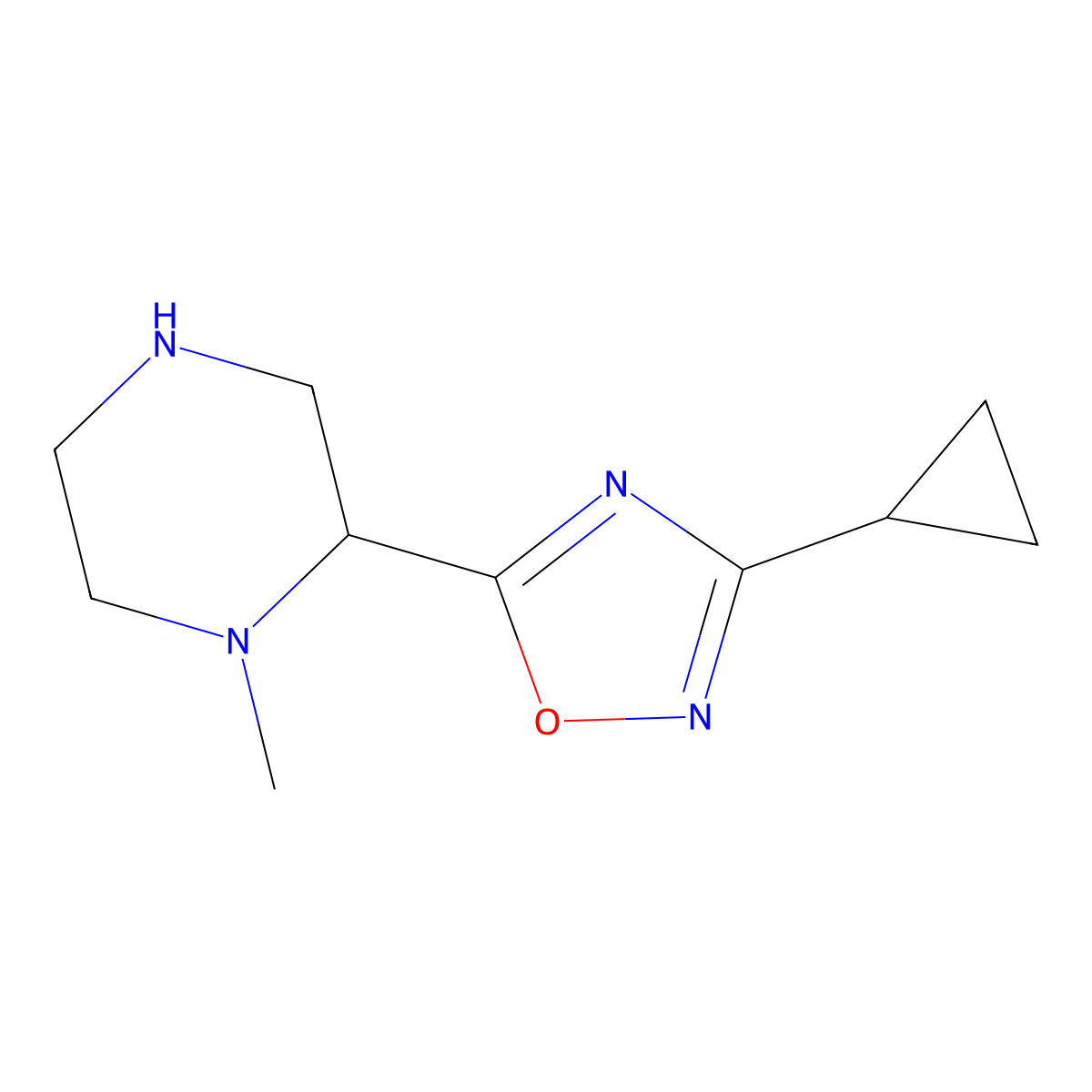 2-(3-Cyclopropyl-1,2,4-oxadiazol-5-yl)-1-methylpiperazine molecular structure, CAS 1804129-82-5